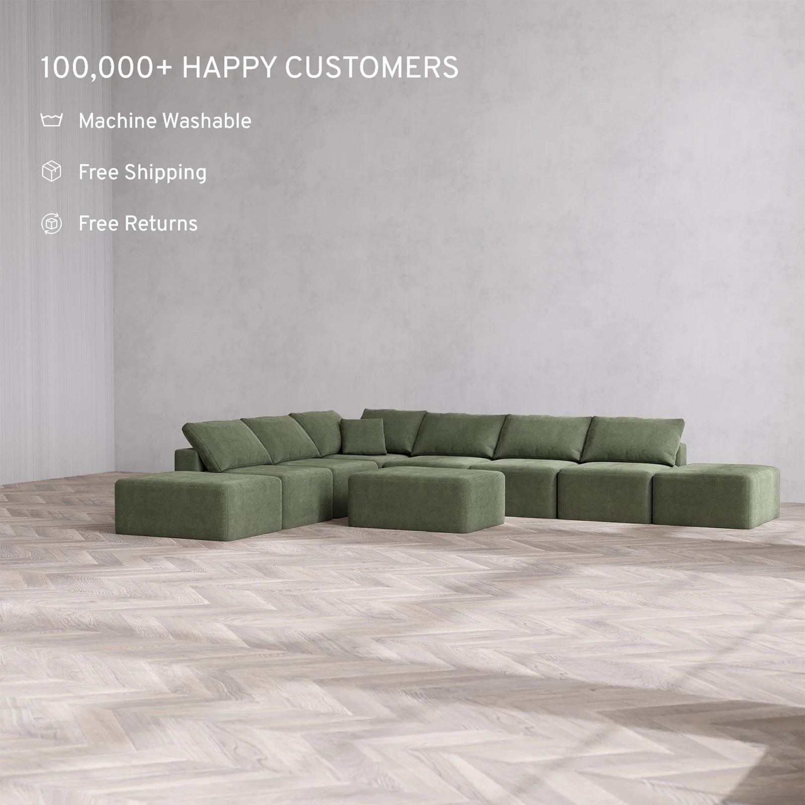 Slipcover Only - Modular Washable 8-Seater Open-Ends Corner Sectional + Chaise Ottoman Cloud Sofa in Juniper - Image 2