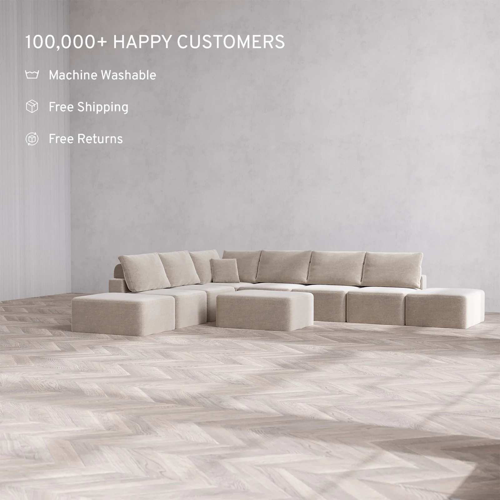 Slipcover Only - Modular Washable 8-Seater Open-Ends Corner Sectional + Chaise Ottoman Cloud + Bolster Sofa in Caraway - Image 2