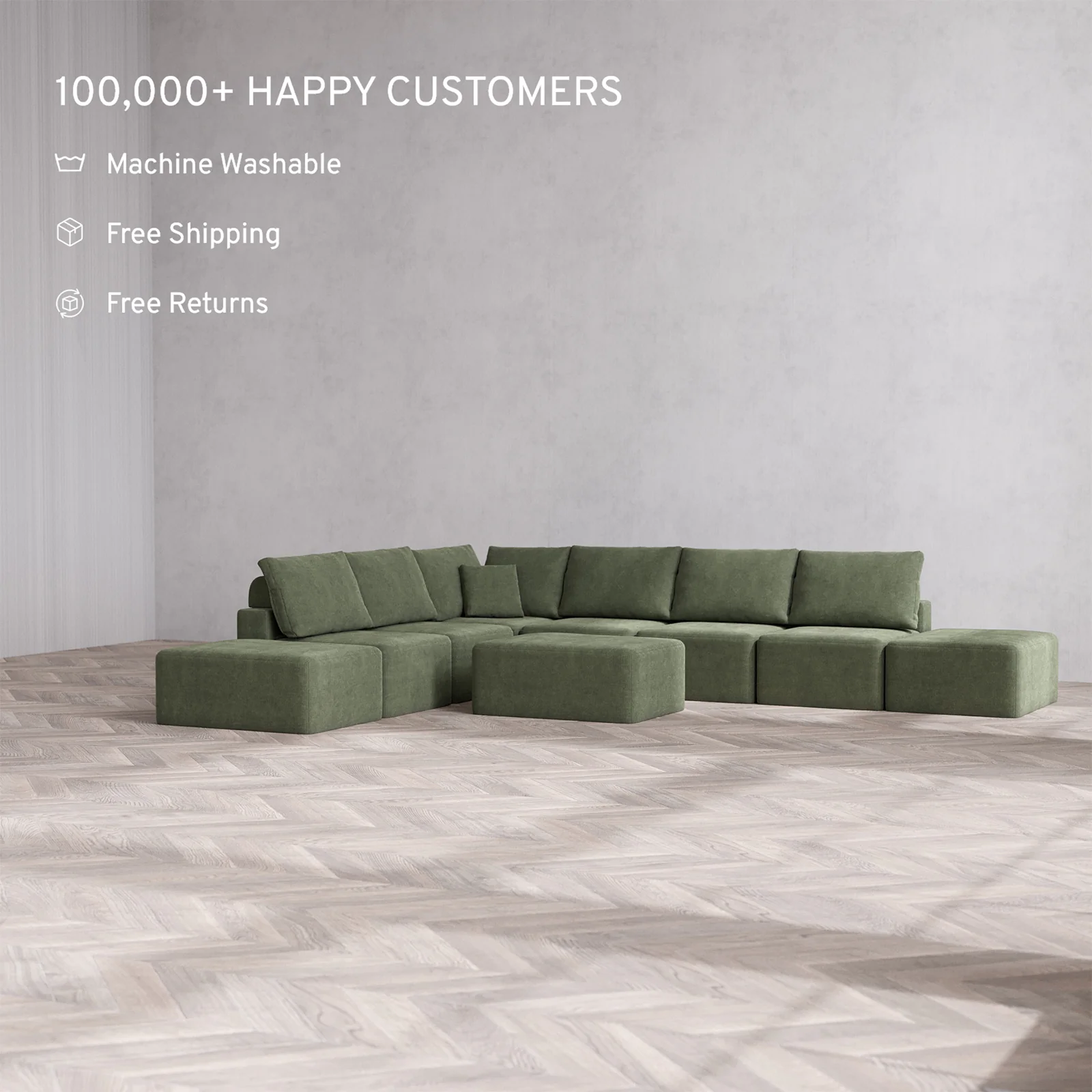 Slipcover Only - Modular Washable 8-Seater Open-Ends Corner Sectional + Chaise Ottoman Cloud + Bolster Sofa in Juniper - Image 2