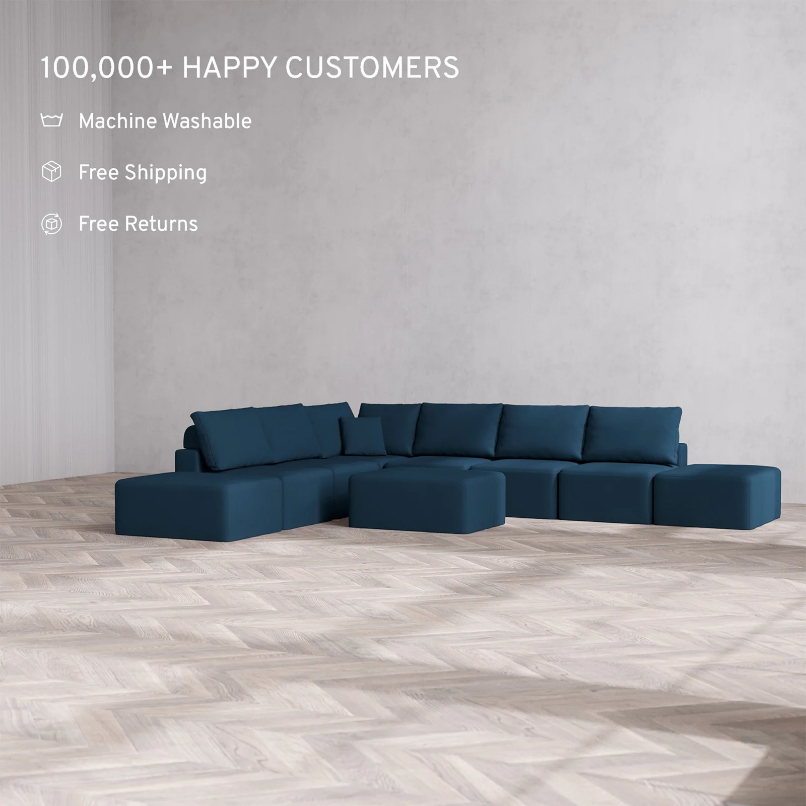 Slipcover Only - Modular Washable 8-Seater Open-Ends Corner Sectional + Chaise Ottoman Cloud + Bolster Sofa in Lazuli - Image 2