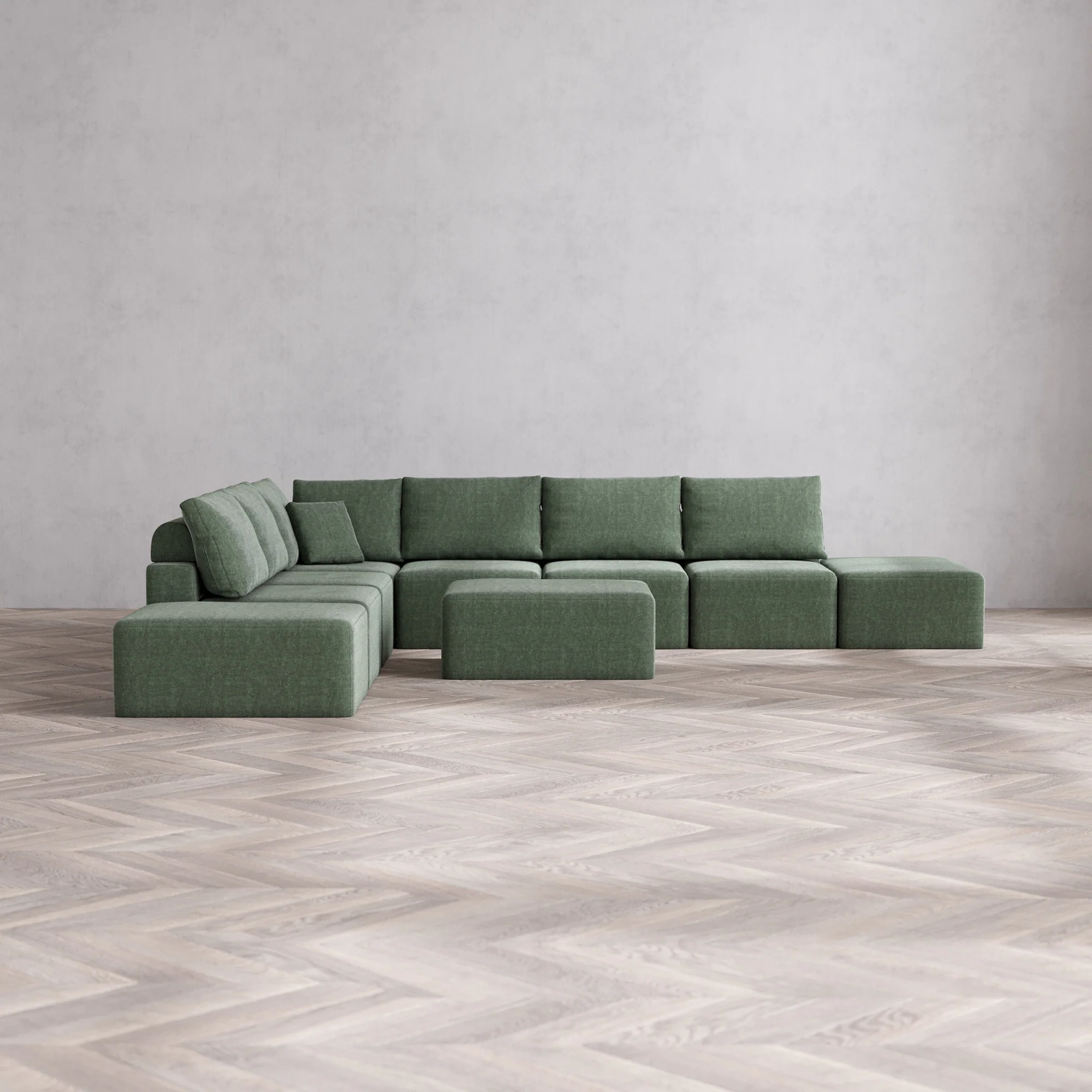 Slipcover Only - Modular Washable 8-Seater Open-Ends Corner Sectional + Chaise Ottoman Cloud + Bolster Sofa in Sage