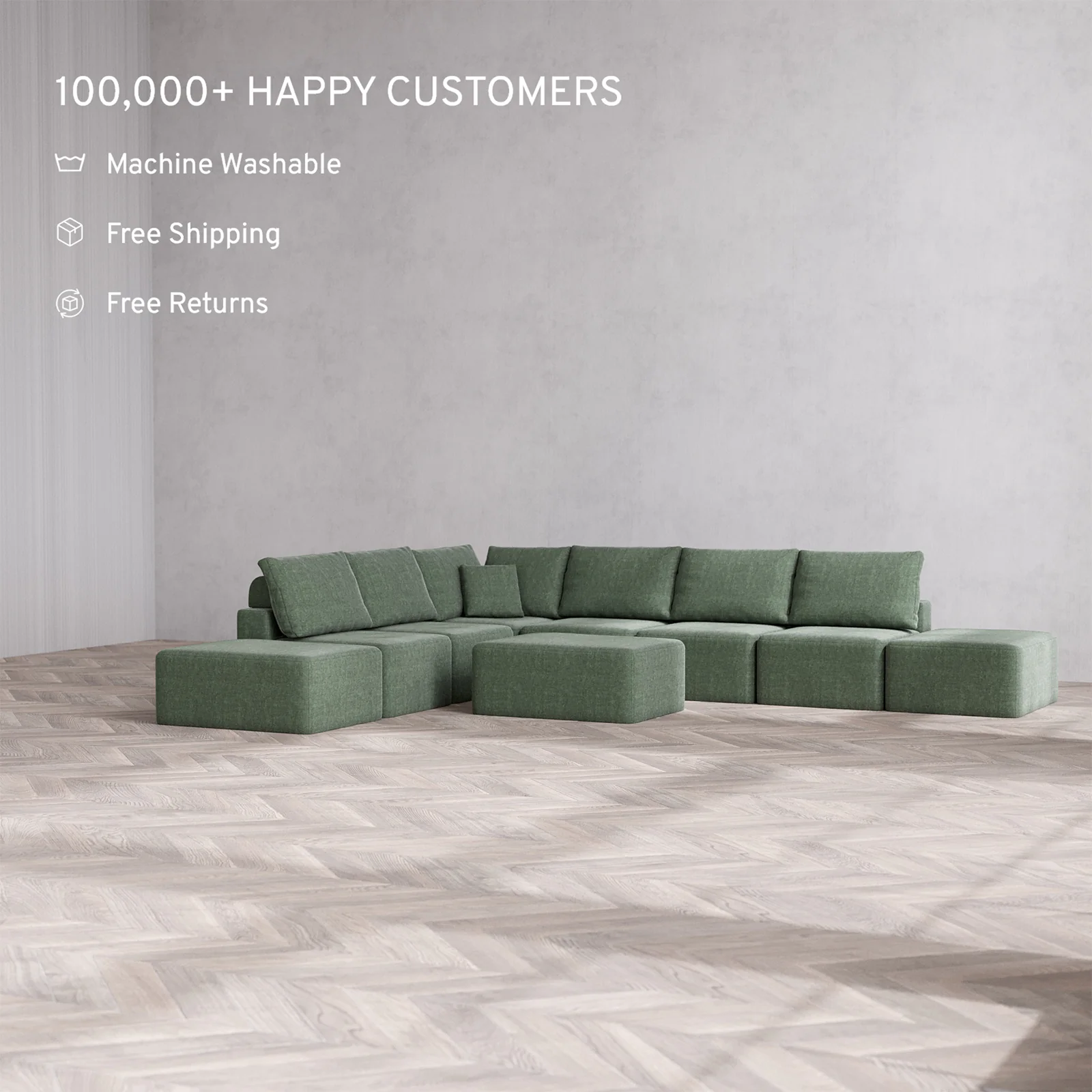 Slipcover Only - Modular Washable 8-Seater Open-Ends Corner Sectional + Chaise Ottoman Cloud + Bolster Sofa in Sage - Image 2