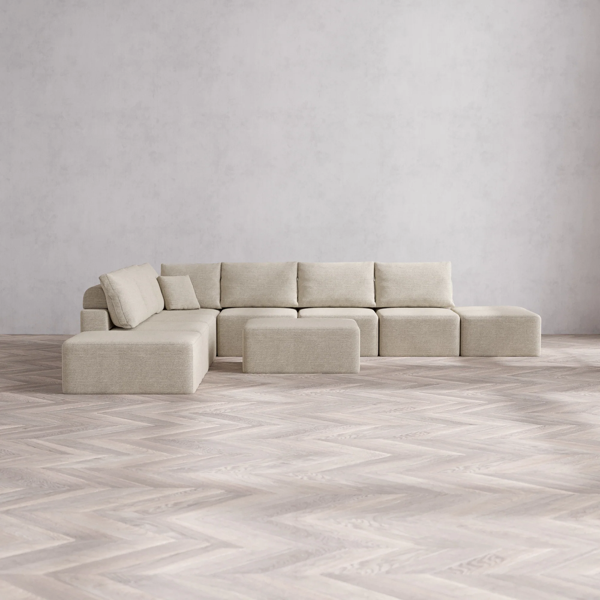 Slipcover Only - Modular Washable 8-Seater Open-Ends Corner Sectional + Chaise Ottoman Cloud + Bolster Sofa in Sandstone