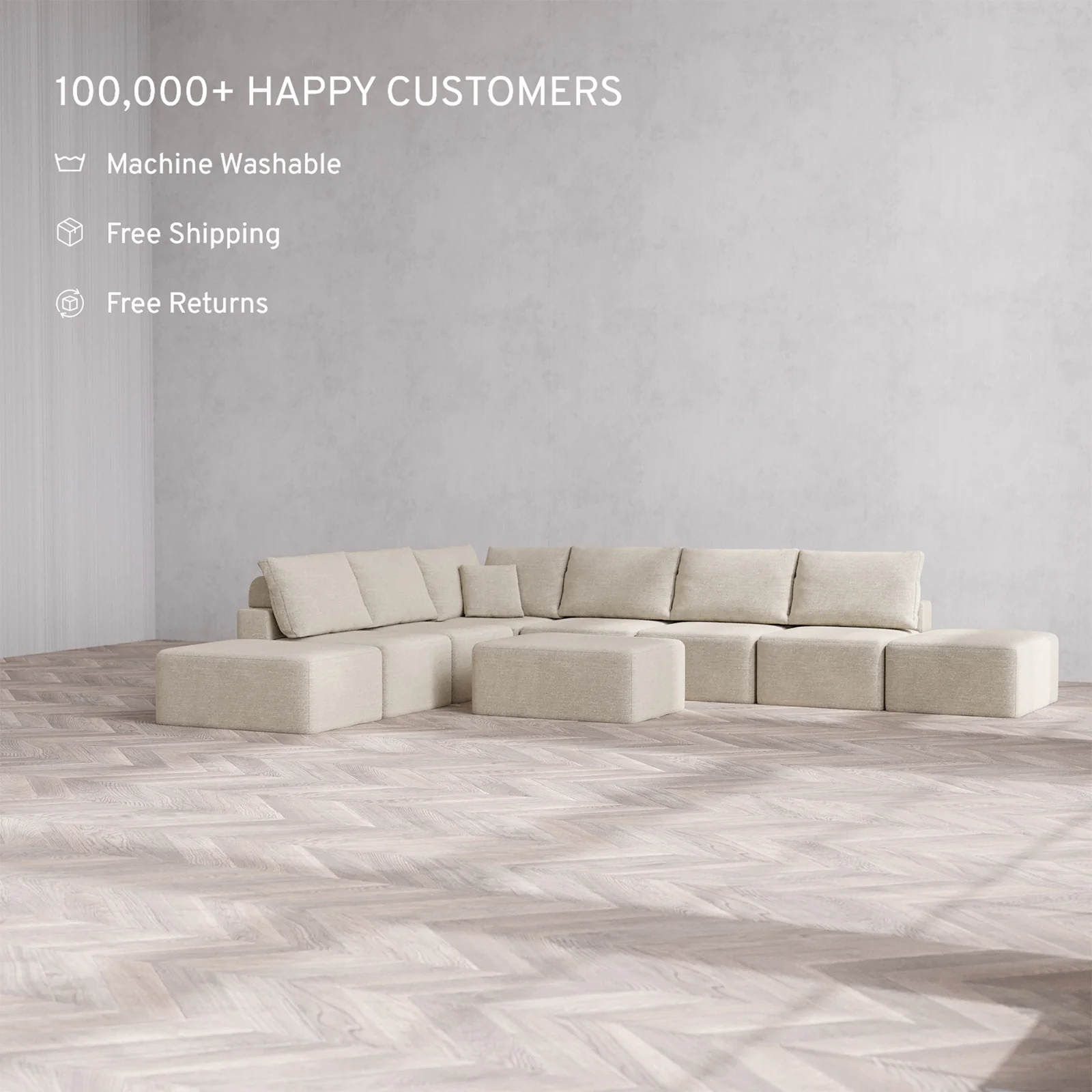 Slipcover Only - Modular Washable 8-Seater Open-Ends Corner Sectional + Chaise Ottoman Cloud + Bolster Sofa in Sandstone - Image 2