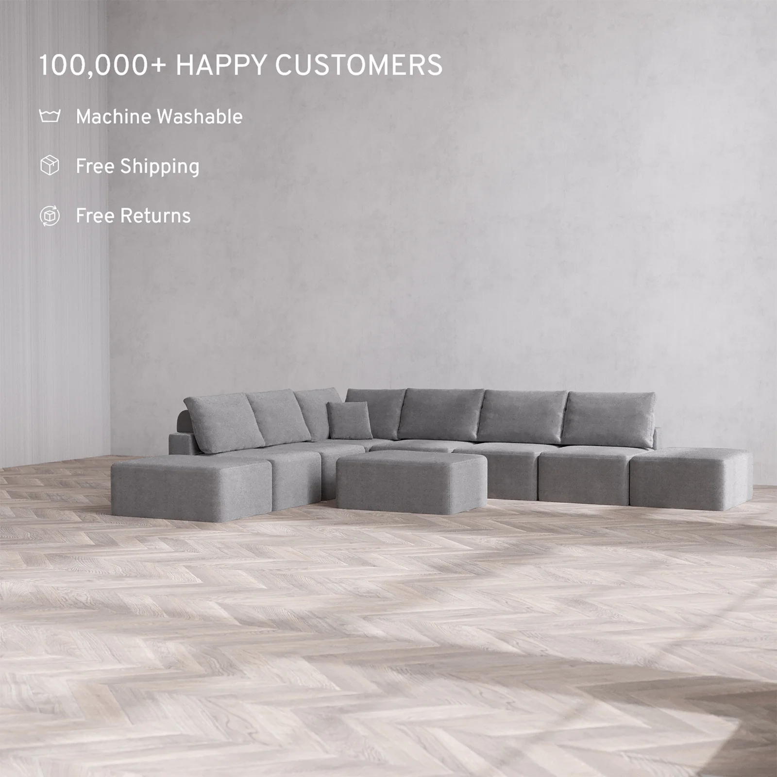 Slipcover Only - Modular Washable 8-Seater Open-Ends Corner Sectional + Chaise Ottoman Cloud + Bolster Sofa in Slate - Image 2