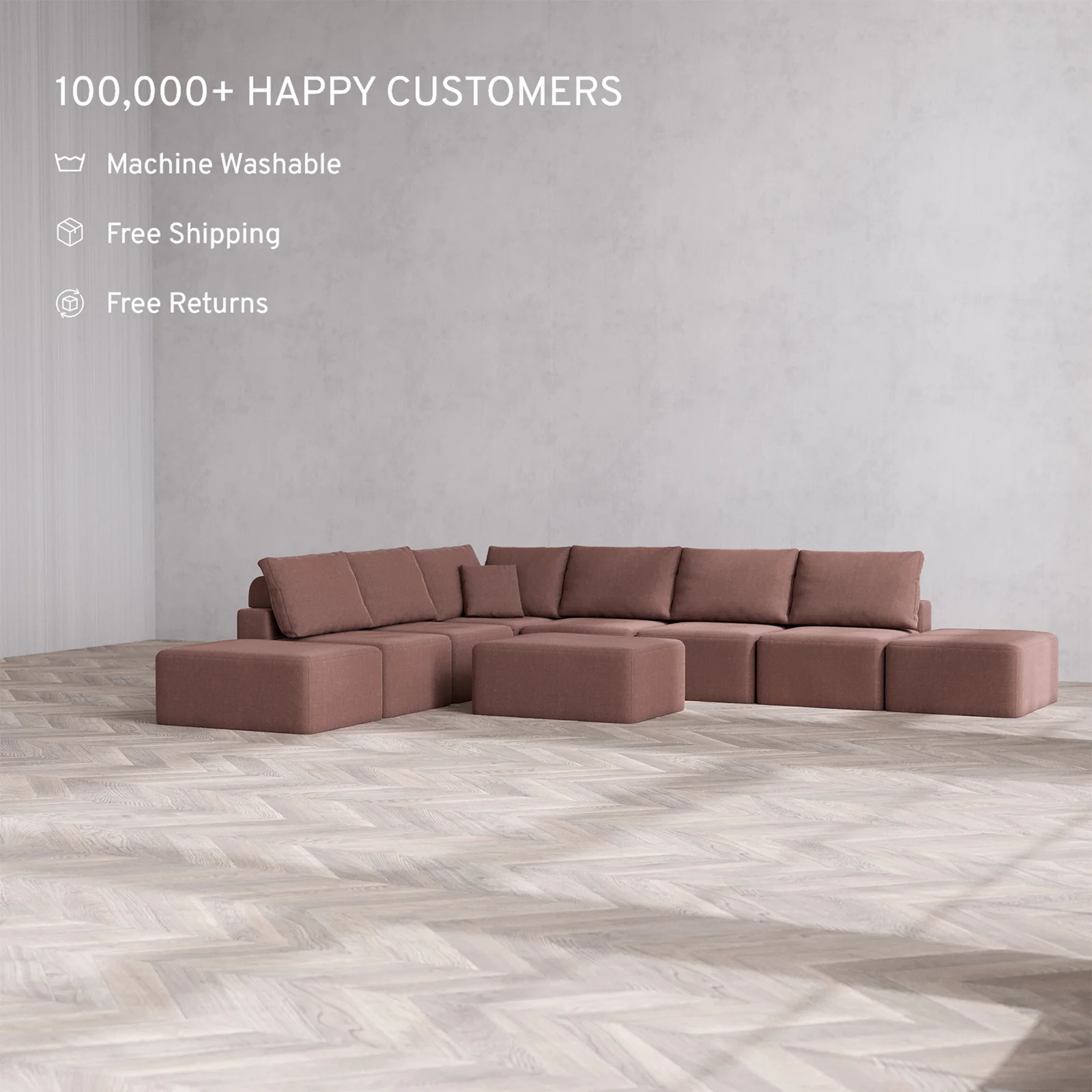 Slipcover Only - Modular Washable 8-Seater Open-Ends Corner Sectional + Chaise Ottoman Cloud + Bolster Sofa in Sumac - Image 2