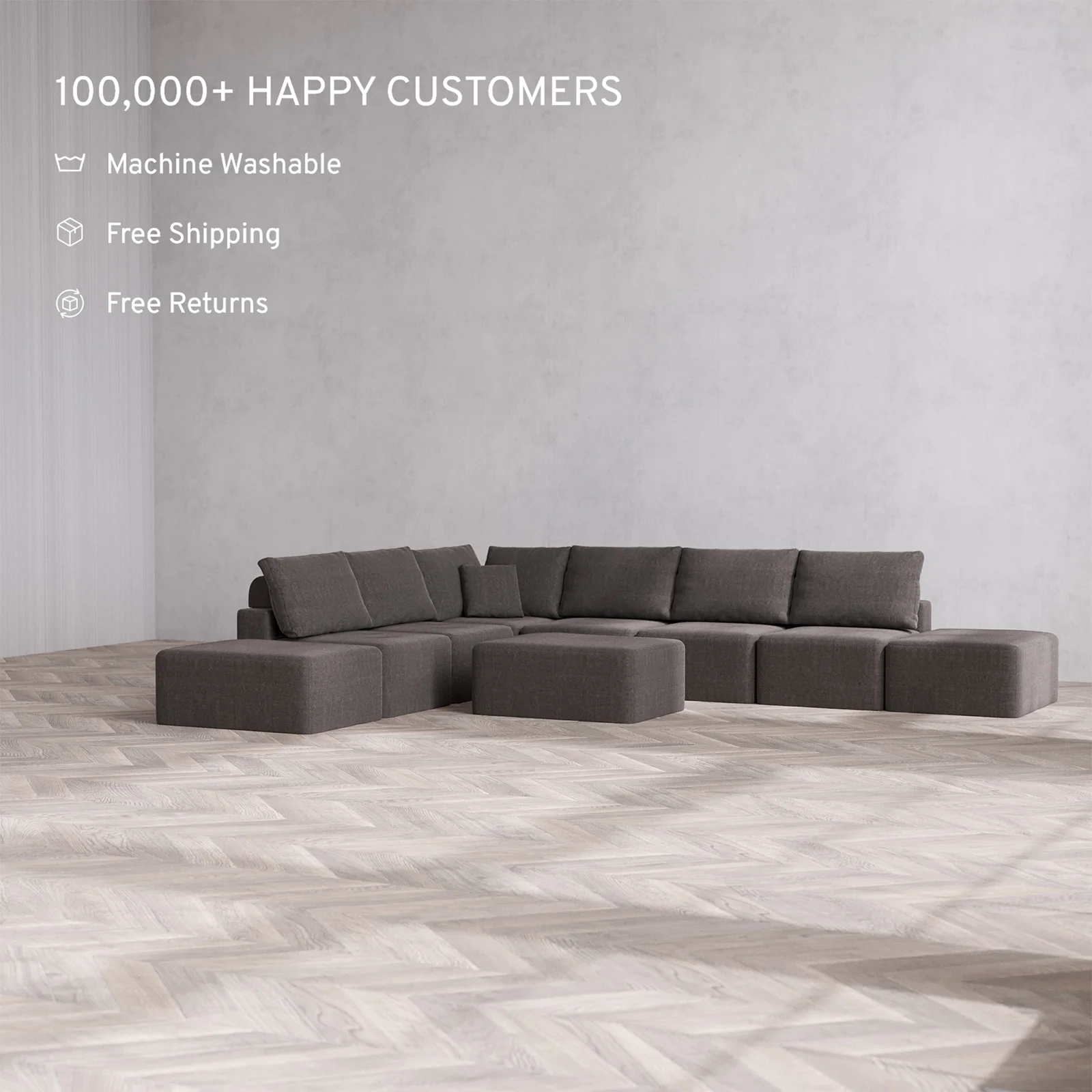 Slipcover Only - Modular Washable 8-Seater Open-Ends Corner Sectional + Chaise Ottoman Cloud + Bolster Sofa in Truffle - Image 2