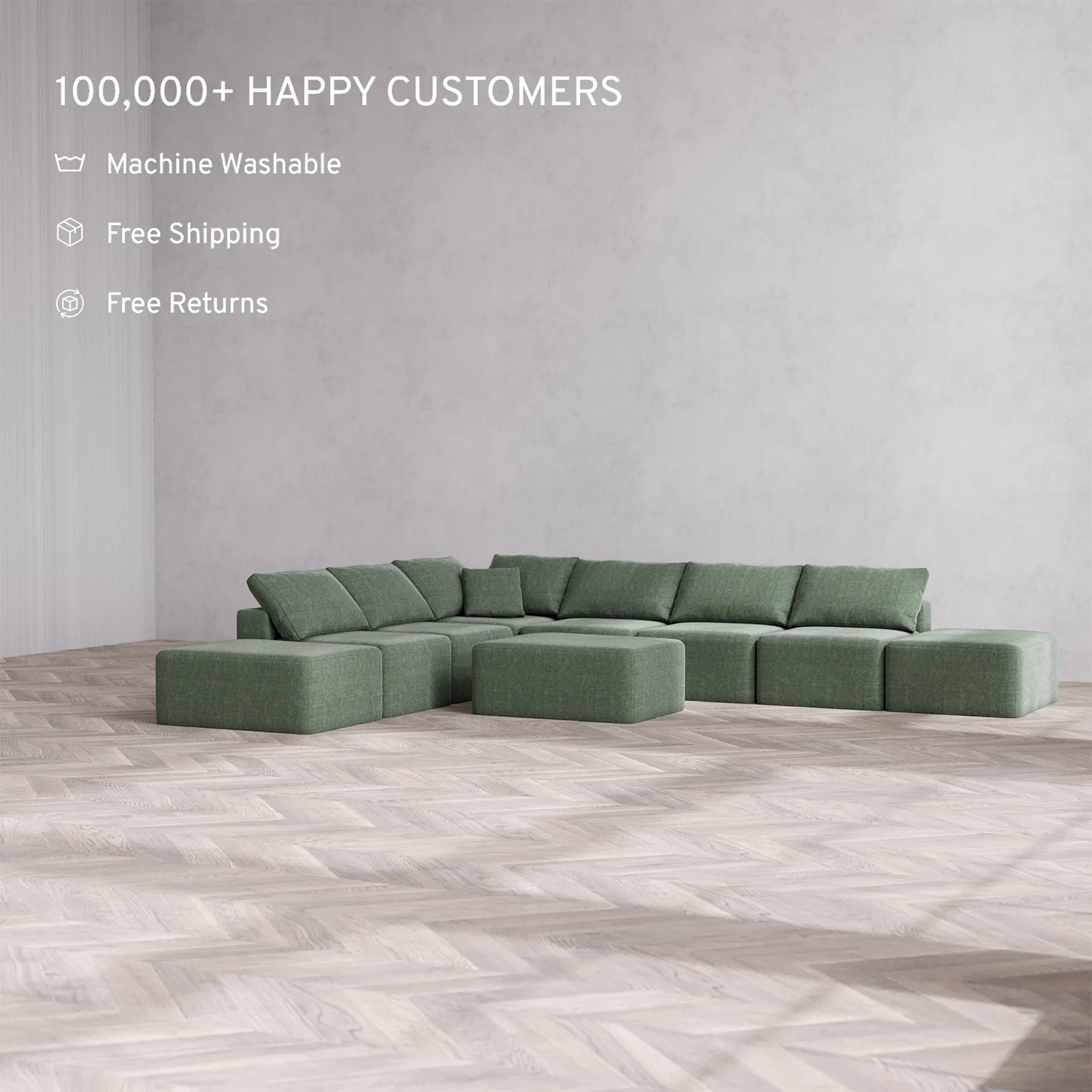 Slipcover Only - Modular Washable 8-Seater Open-Ends Corner Sectional + Chaise Ottoman Cloud Sofa in Sage - Image 2