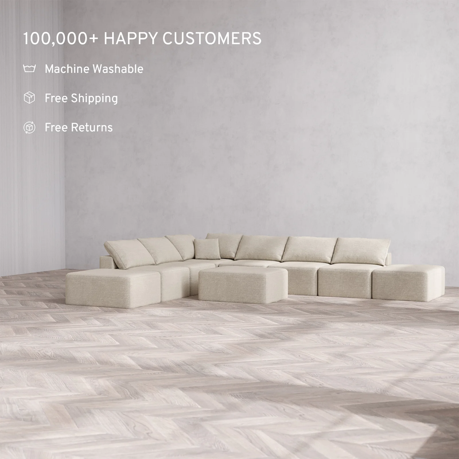 Slipcover Only - Modular Washable 8-Seater Open-Ends Corner Sectional + Chaise Ottoman Cloud Sofa in Sandstone - Image 2