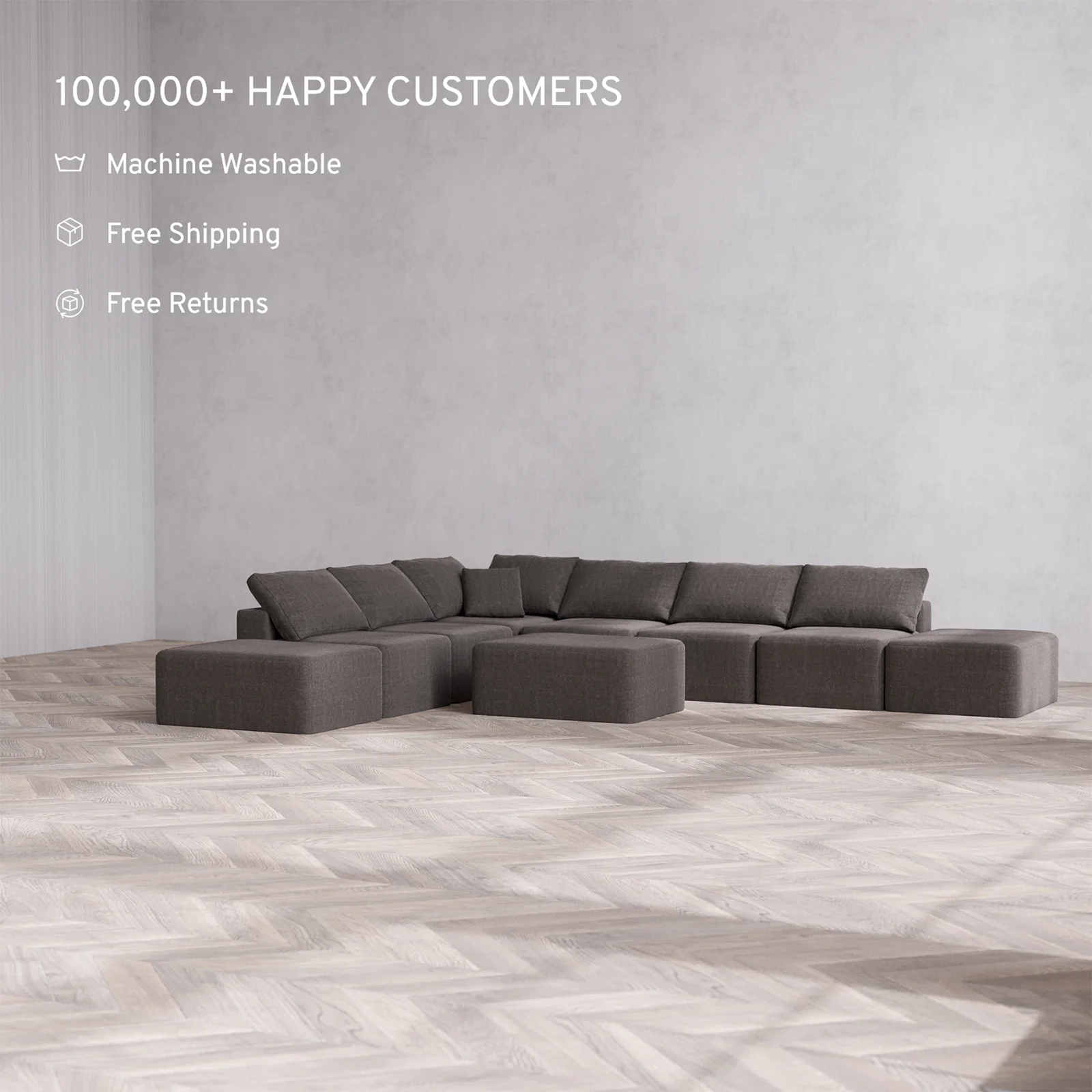 Slipcover Only - Modular Washable 8-Seater Open-Ends Corner Sectional + Chaise Ottoman Cloud Sofa in Truffle - Image 2