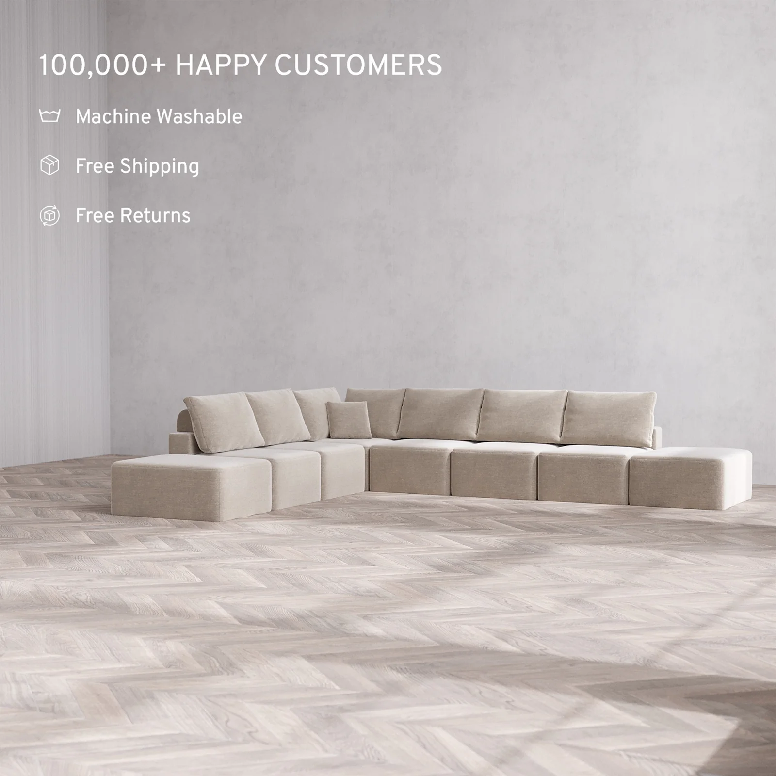 Slipcover Only - Modular Washable 8-Seater Open-Ends Corner Sectional Cloud + Bolster Sofa in Caraway - Image 2