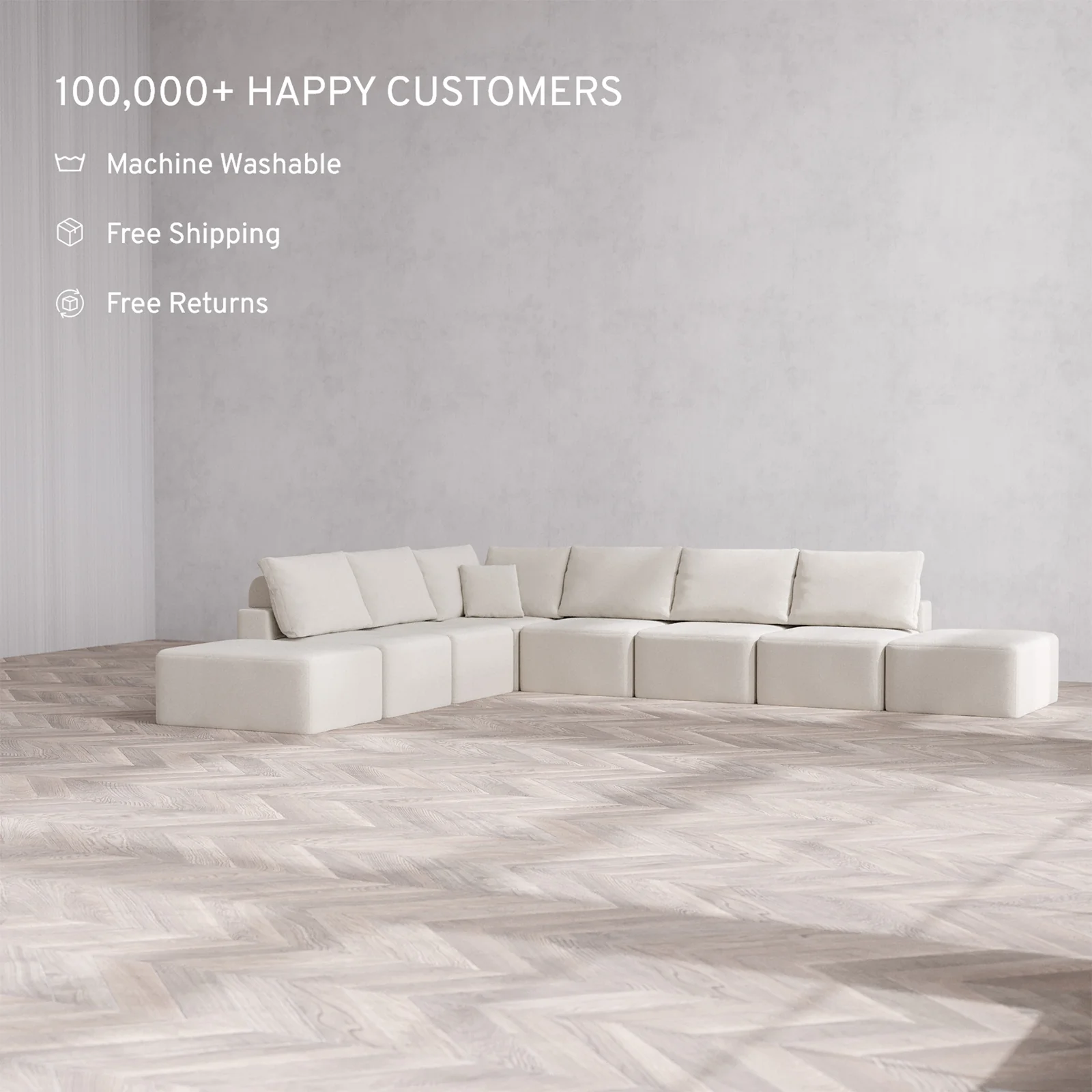 Slipcover Only - Modular Washable 8-Seater Open-Ends Corner Sectional Cloud + Bolster Sofa in Pearl - Image 2