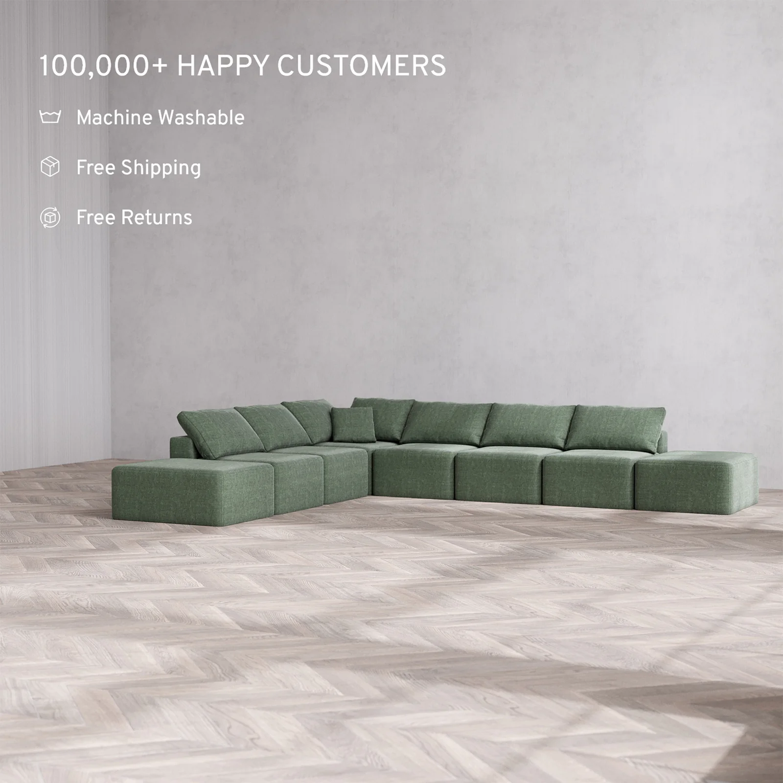 Slipcover Only - Modular Washable 8-Seater Open-Ends Corner Sectional Cloud Sofa in Sage - Image 2
