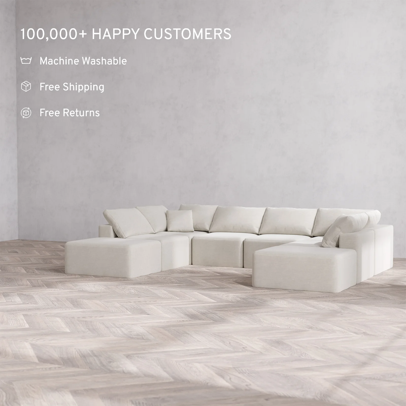Slipcover Only - Modular Washable 8-Seater Open-Ends U Sectional Cloud Sofa in Cashew - Image 2