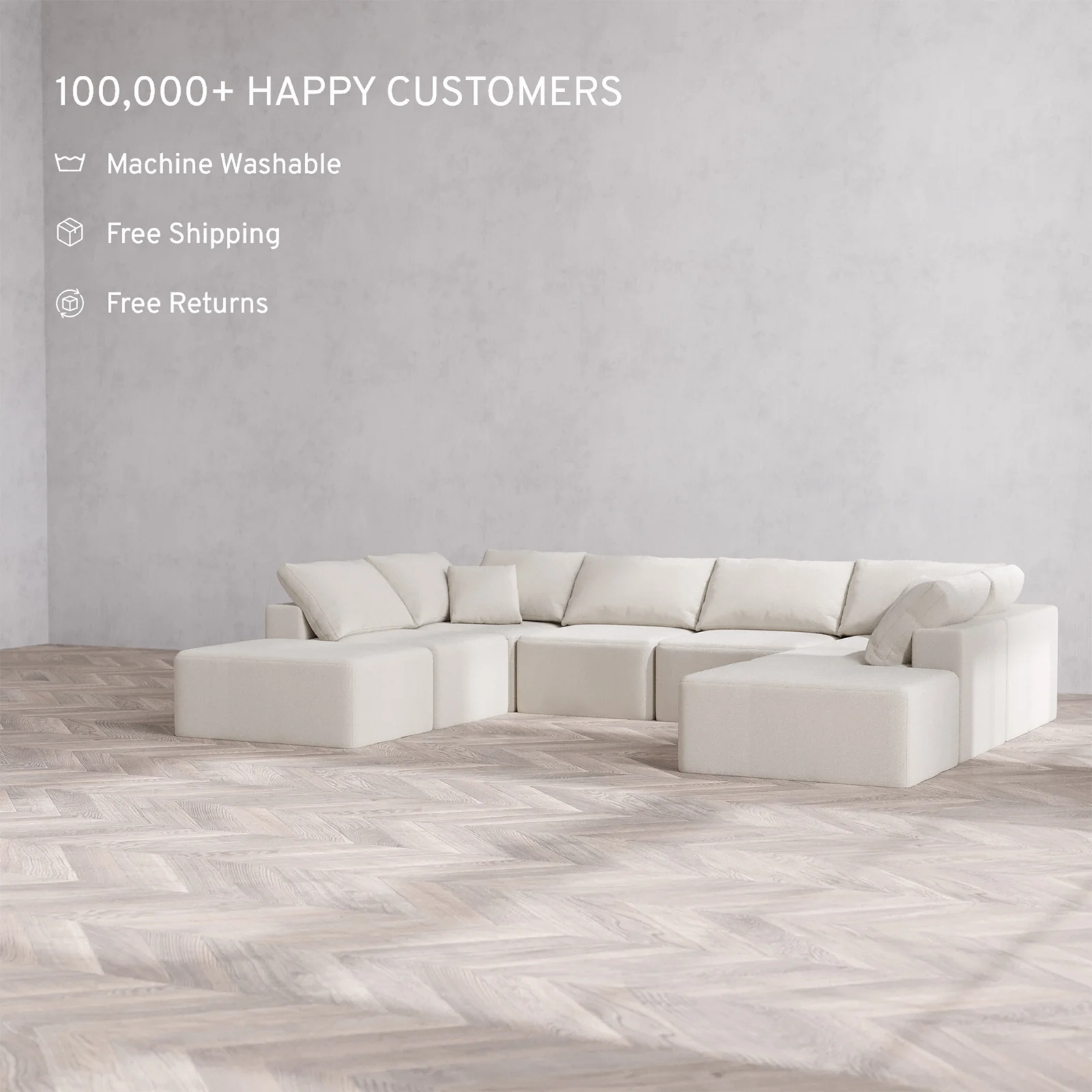 Slipcover Only - Modular Washable 8-Seater Open-Ends U Sectional Cloud Sofa in Pearl - Image 2