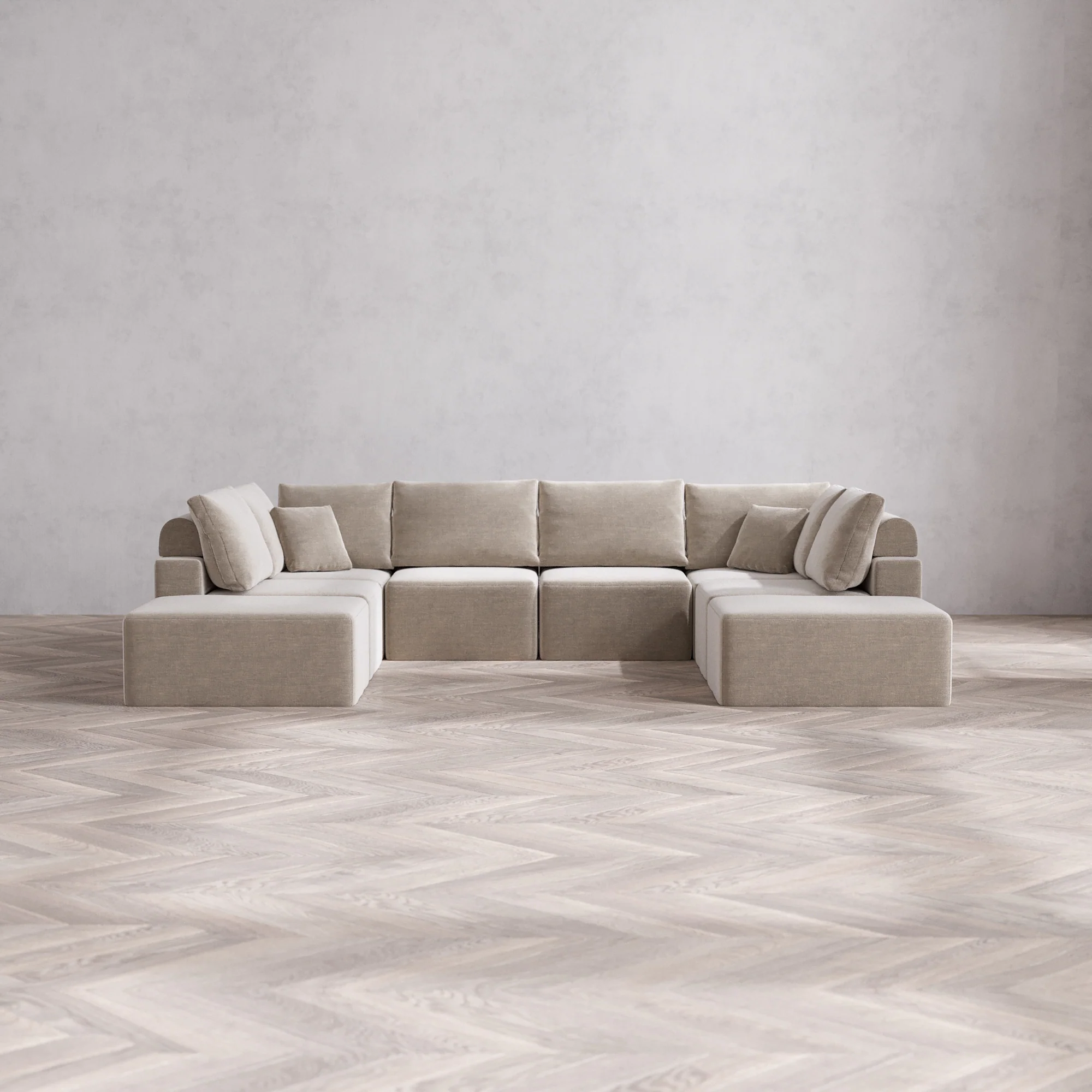 Slipcover Only - Modular Washable 8-Seater Open-Ends U Sectional Cloud + Bolster Sofa in Caraway