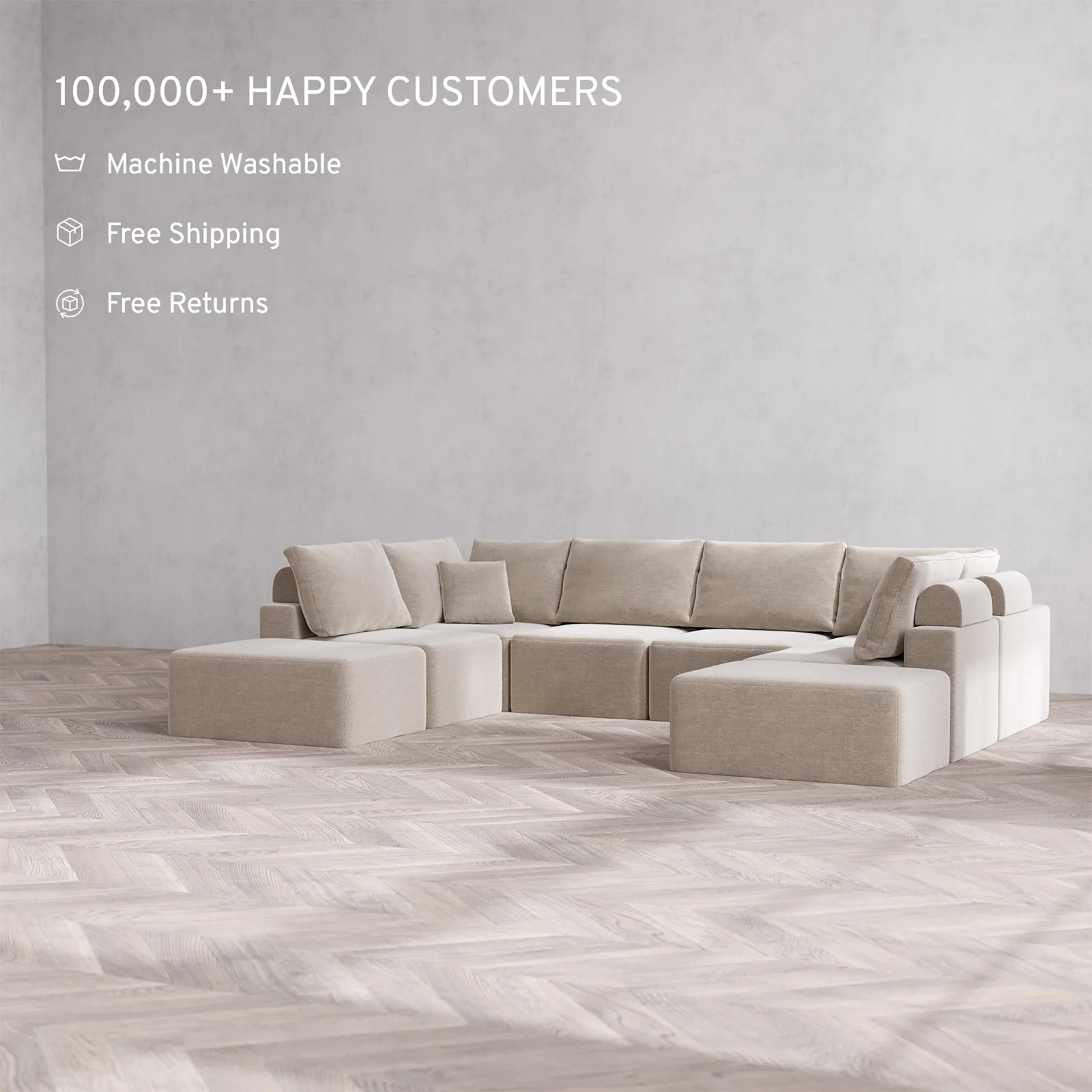 Slipcover Only - Modular Washable 8-Seater Open-Ends U Sectional Cloud + Bolster Sofa in Caraway - Image 2