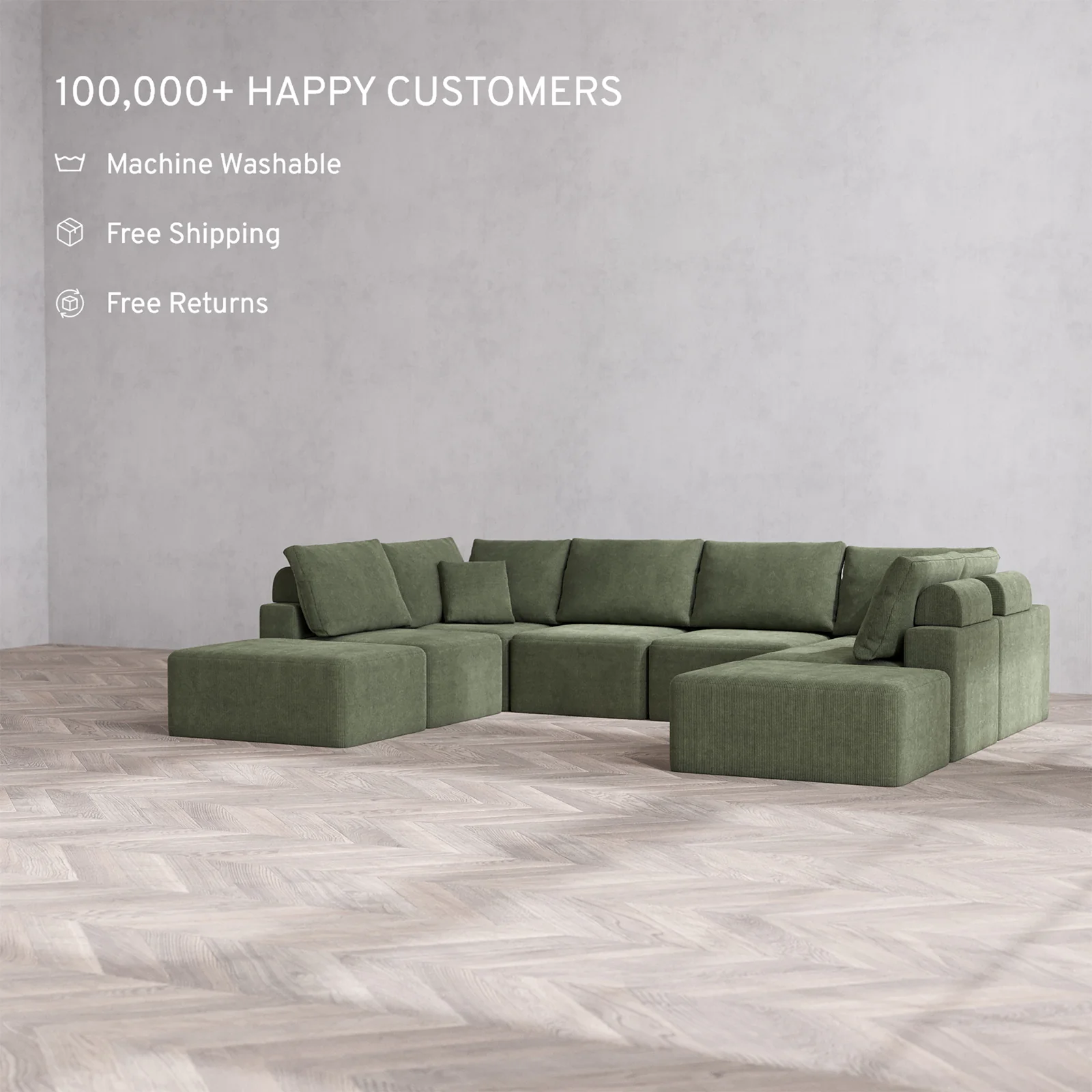 Slipcover Only - Modular Washable 8-Seater Open-Ends U Sectional Cloud + Bolster Sofa in Juniper - Image 2