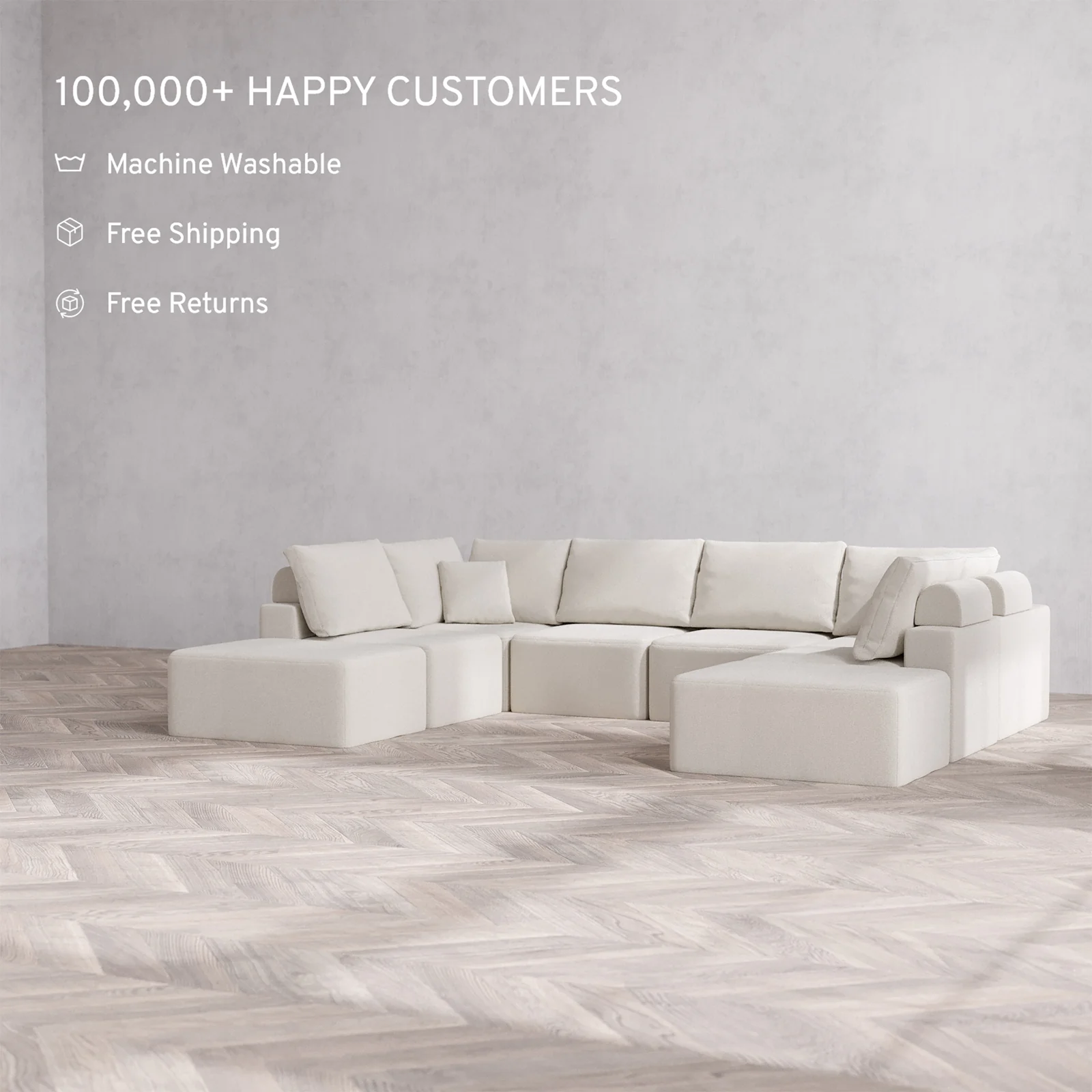 Slipcover Only - Modular Washable 8-Seater Open-Ends U Sectional Cloud + Bolster Sofa in Pearl - Image 2