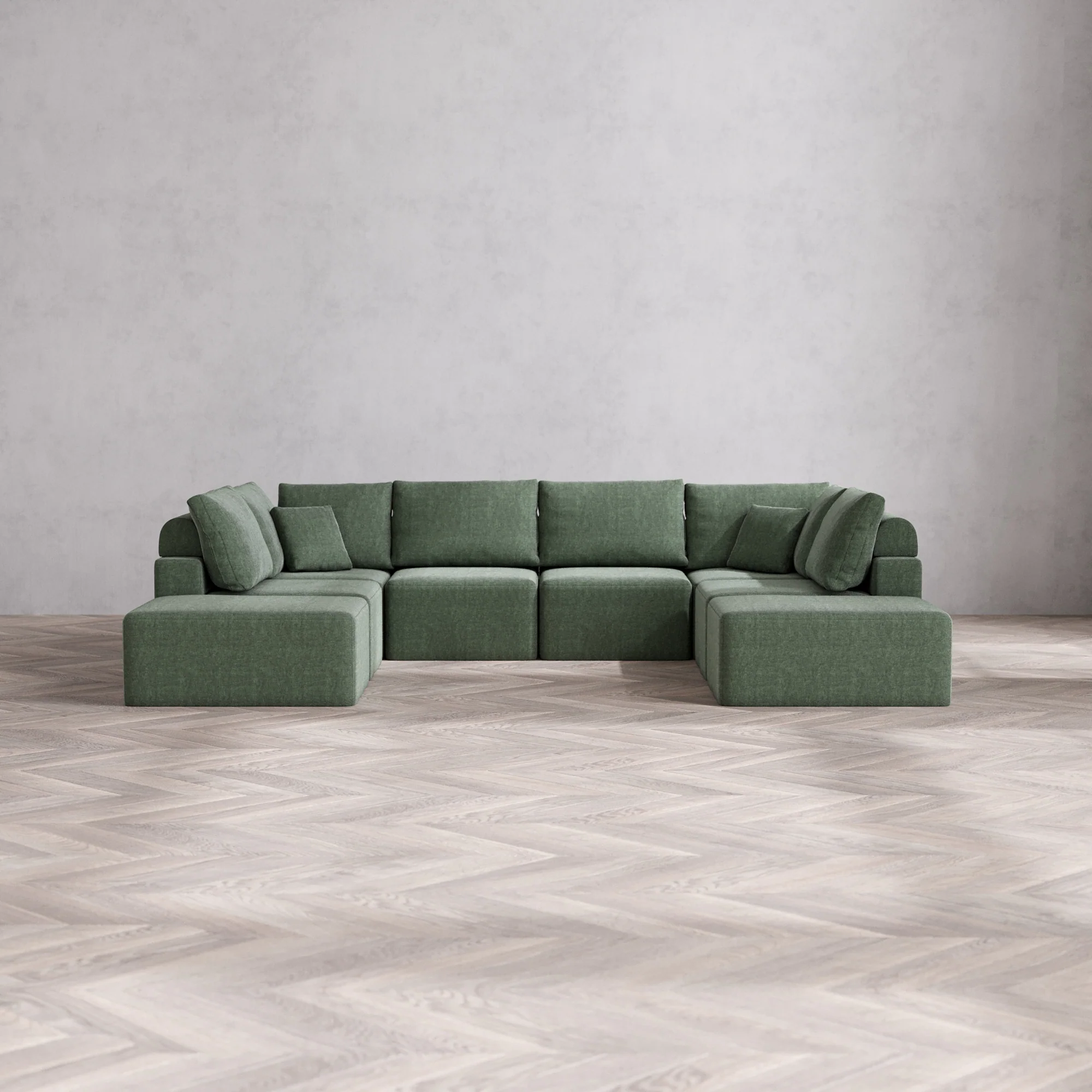 Slipcover Only - Modular Washable 8-Seater Open-Ends U Sectional Cloud + Bolster Sofa in Sage