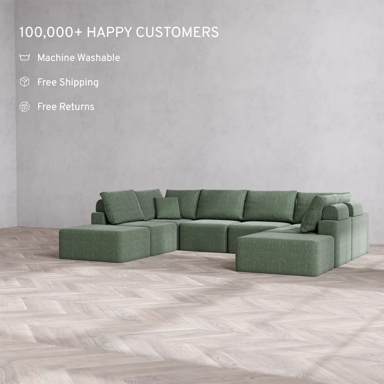 Slipcover Only - Modular Washable 8-Seater Open-Ends U Sectional Cloud + Bolster Sofa in Sage - Image 2