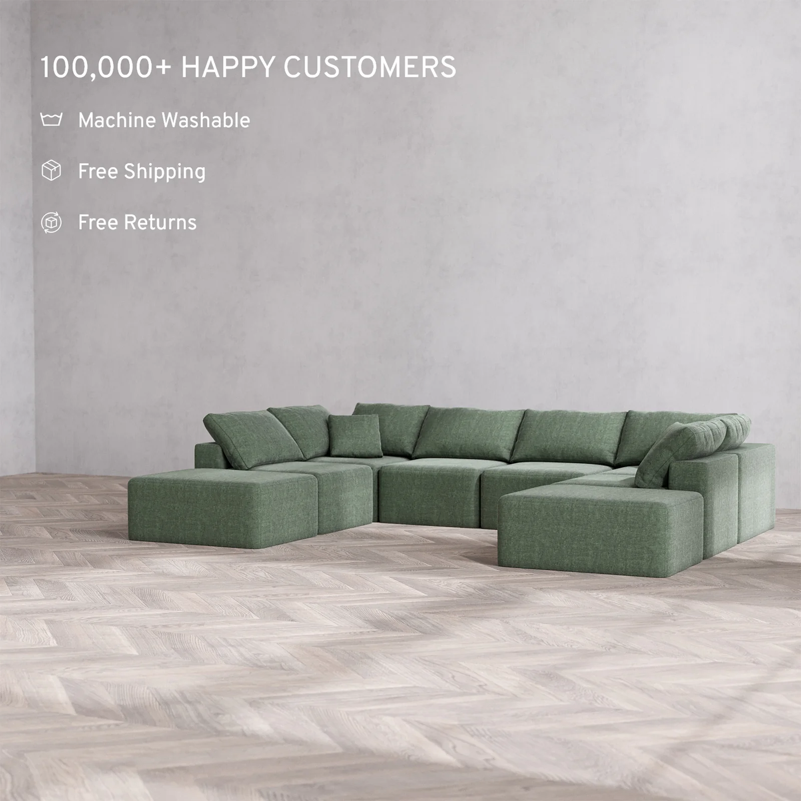 Slipcover Only - Modular Washable 8-Seater Open-Ends U Sectional Cloud Sofa in Sage - Image 2