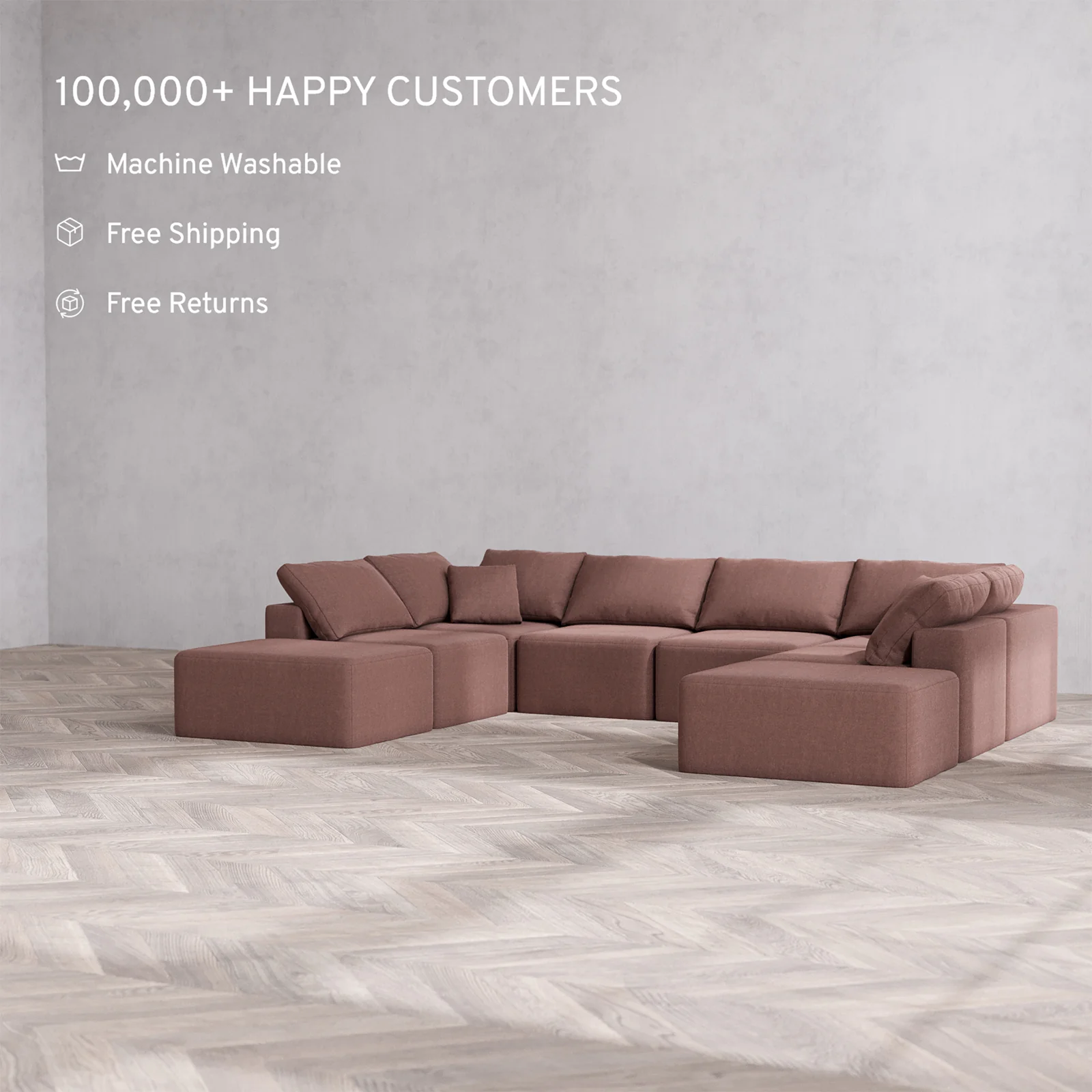 Slipcover Only - Modular Washable 8-Seater Open-Ends U Sectional Cloud Sofa in Sumac - Image 2