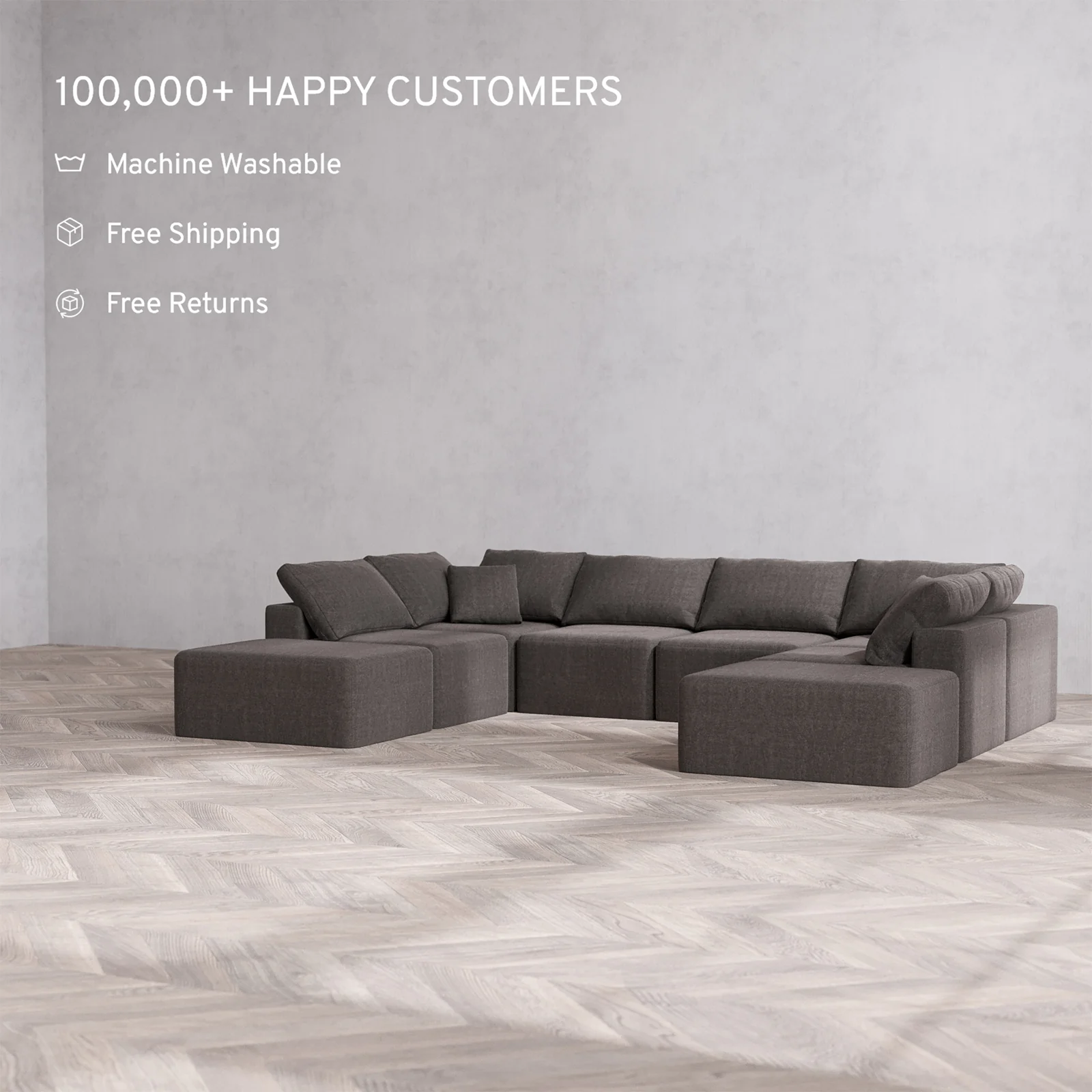 Slipcover Only - Modular Washable 8-Seater Open-Ends U Sectional Cloud Sofa in Truffle - Image 2