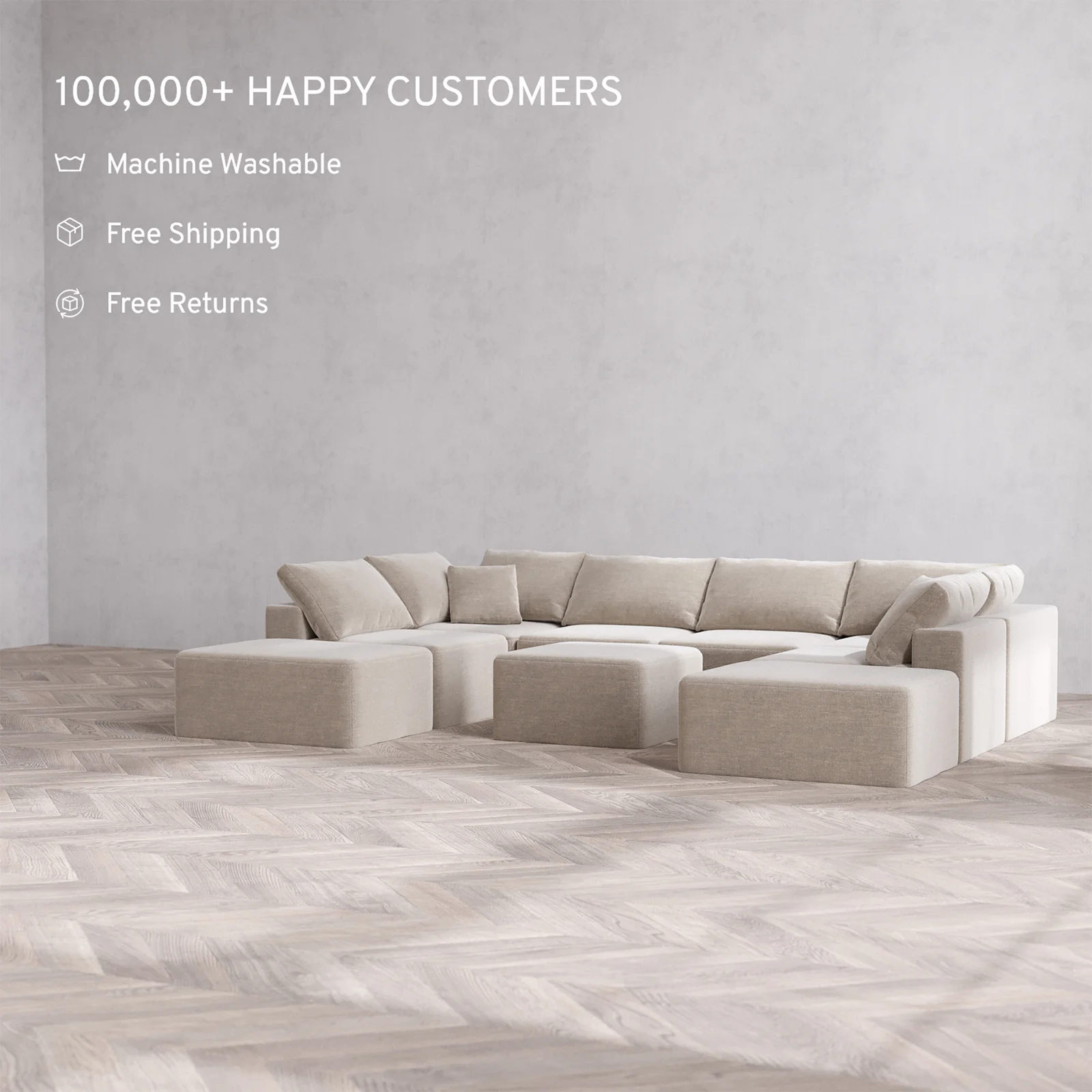 Slipcover Only - Modular Washable 8-Seater Open-Ends U Sectional + Ottoman Cloud Sofa in Caraway - Image 2