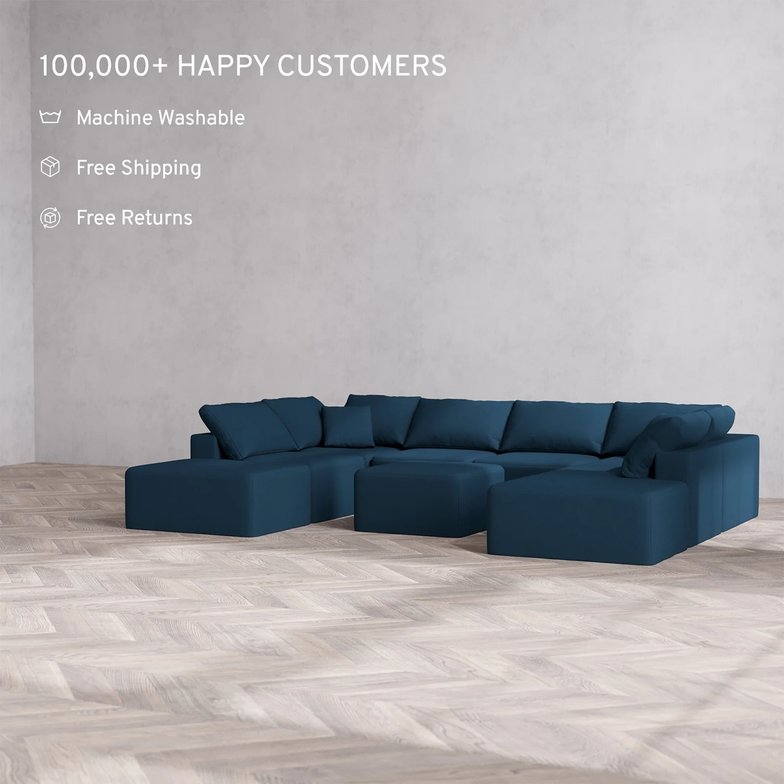 Slipcover Only - Modular Washable 8-Seater Open-Ends U Sectional + Ottoman Cloud Sofa in Lazuli - Image 2