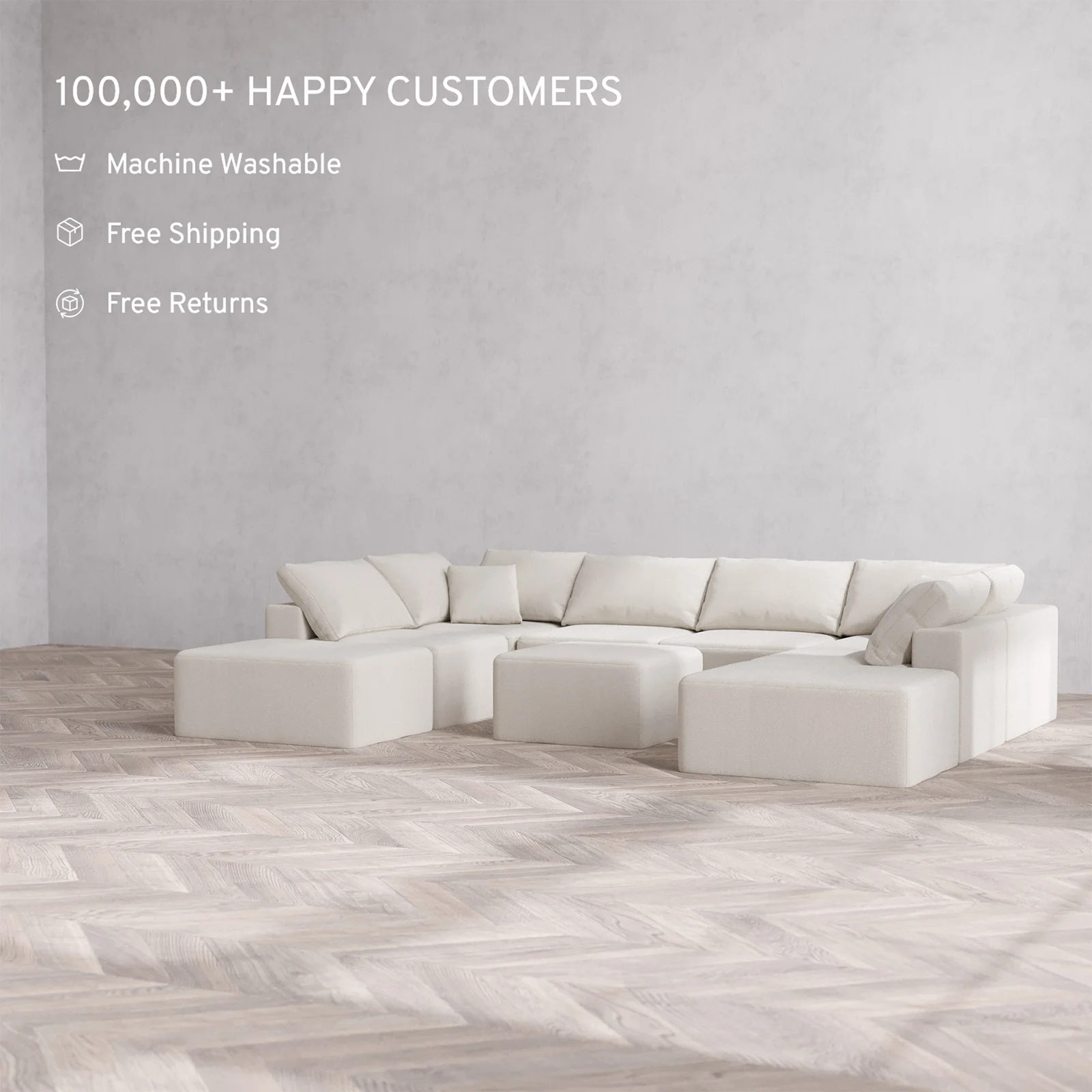Slipcover Only - Modular Washable 8-Seater Open-Ends U Sectional + Ottoman Cloud Sofa in Pearl - Image 2