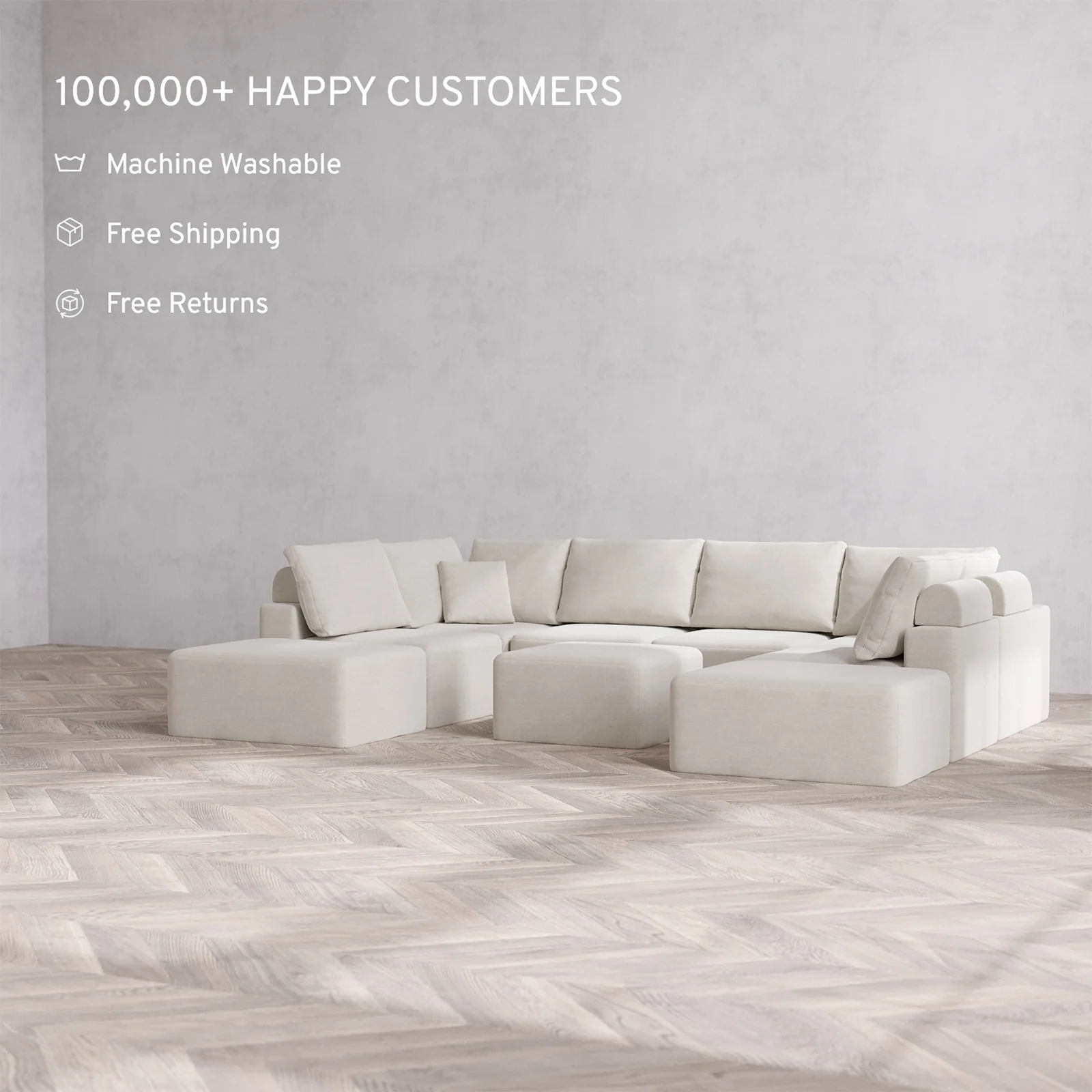Slipcover Only - Modular Washable 8-Seater Open-Ends U Sectional + Ottoman Cloud + Bolster Sofa in Cashew - Image 2