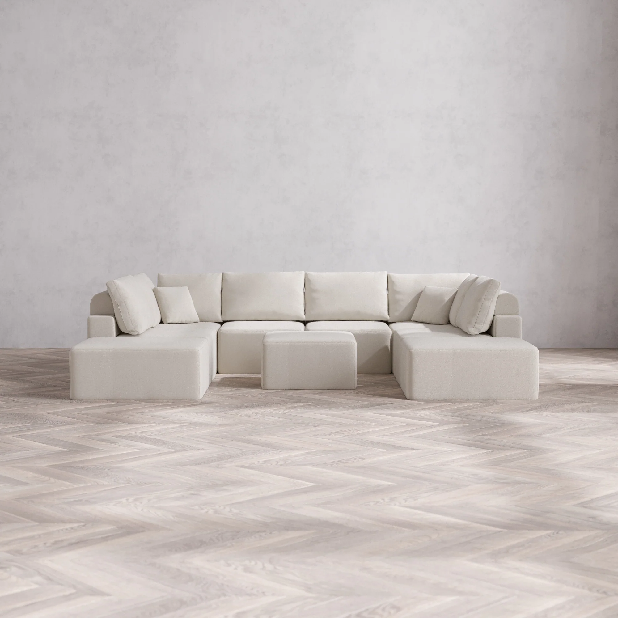 Slipcover Only - Modular Washable 8-Seater Open-Ends U Sectional + Ottoman Cloud + Bolster Sofa in Pearl