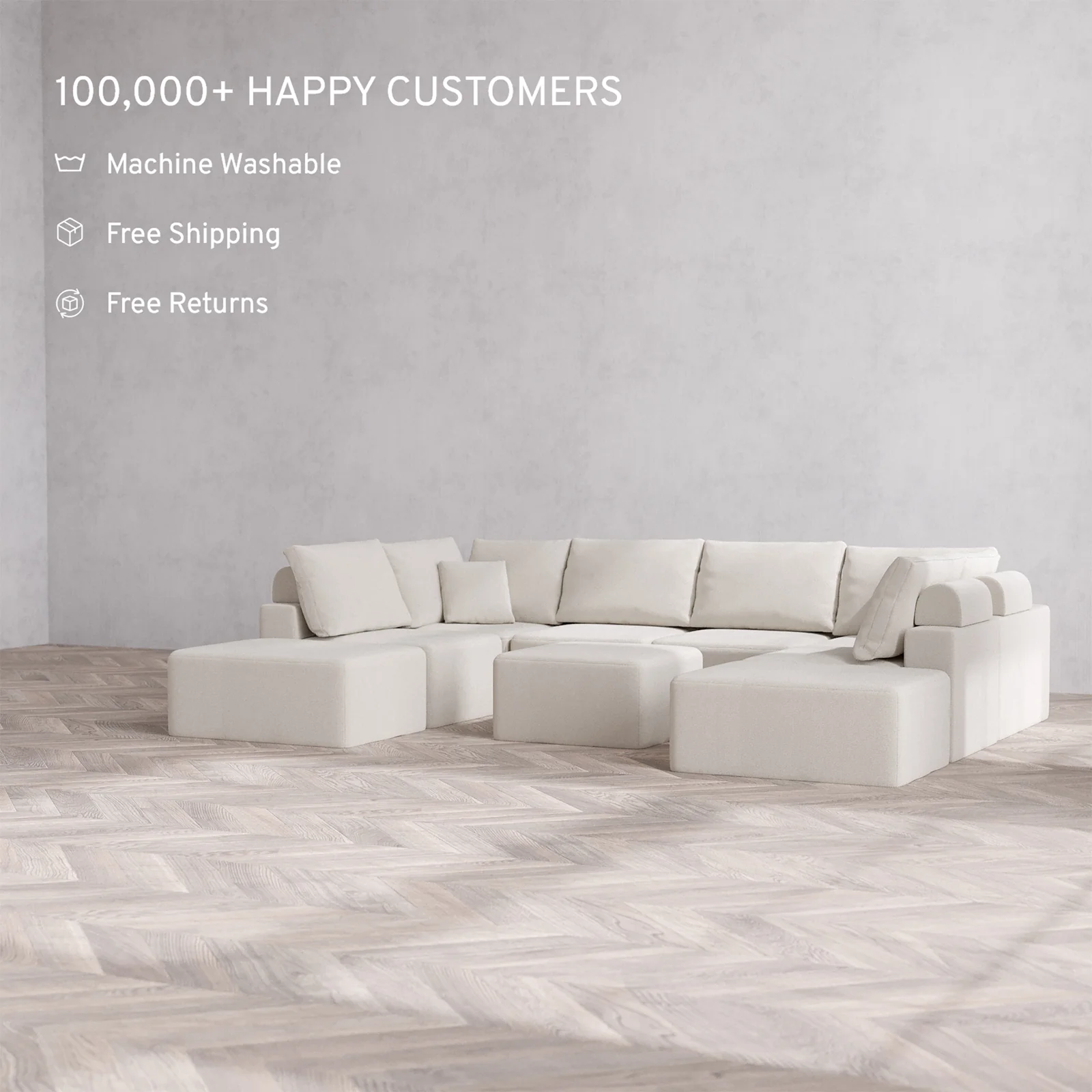 Slipcover Only - Modular Washable 8-Seater Open-Ends U Sectional + Ottoman Cloud + Bolster Sofa in Pearl - Image 2