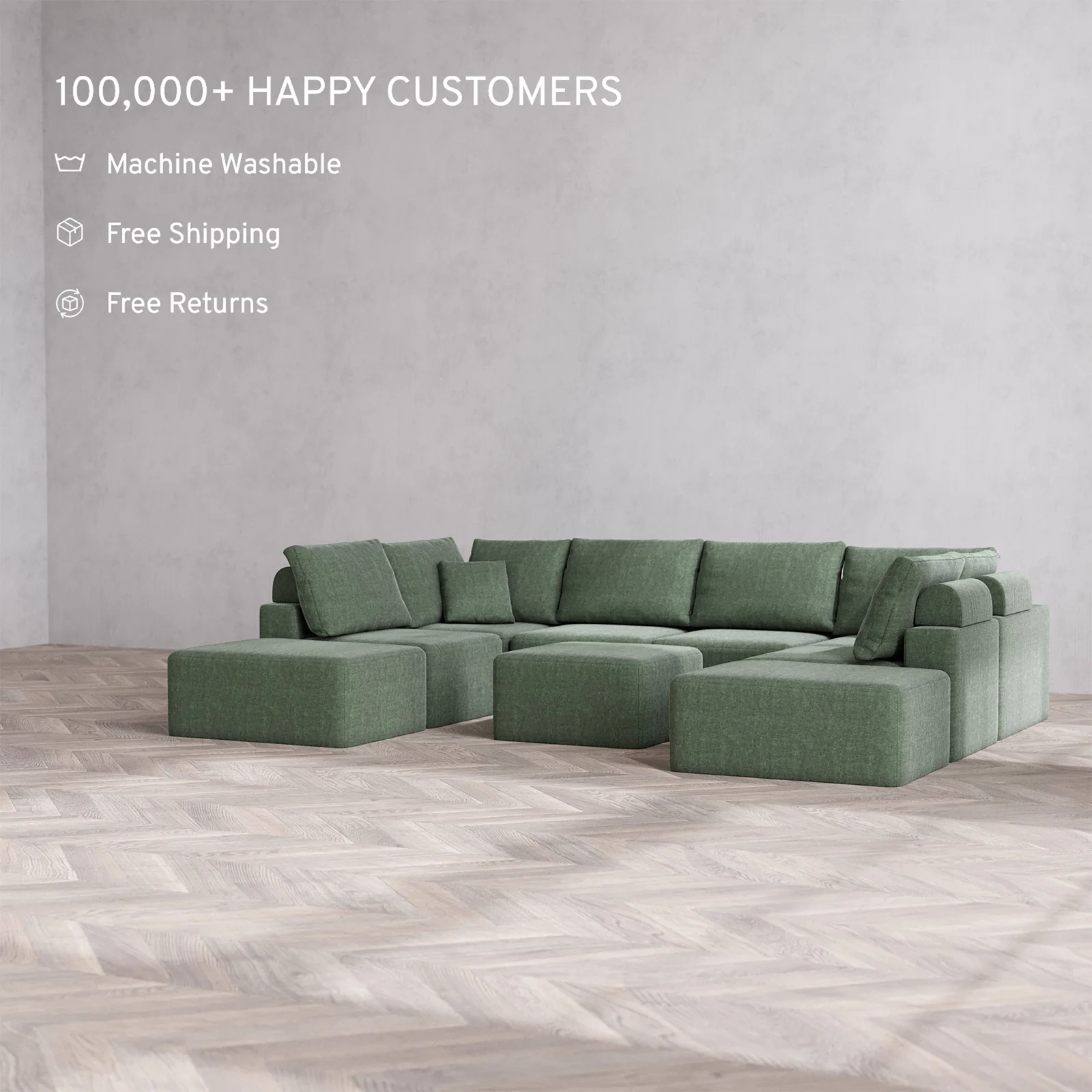 Slipcover Only - Modular Washable 8-Seater Open-Ends U Sectional + Ottoman Cloud + Bolster Sofa in Sage - Image 2