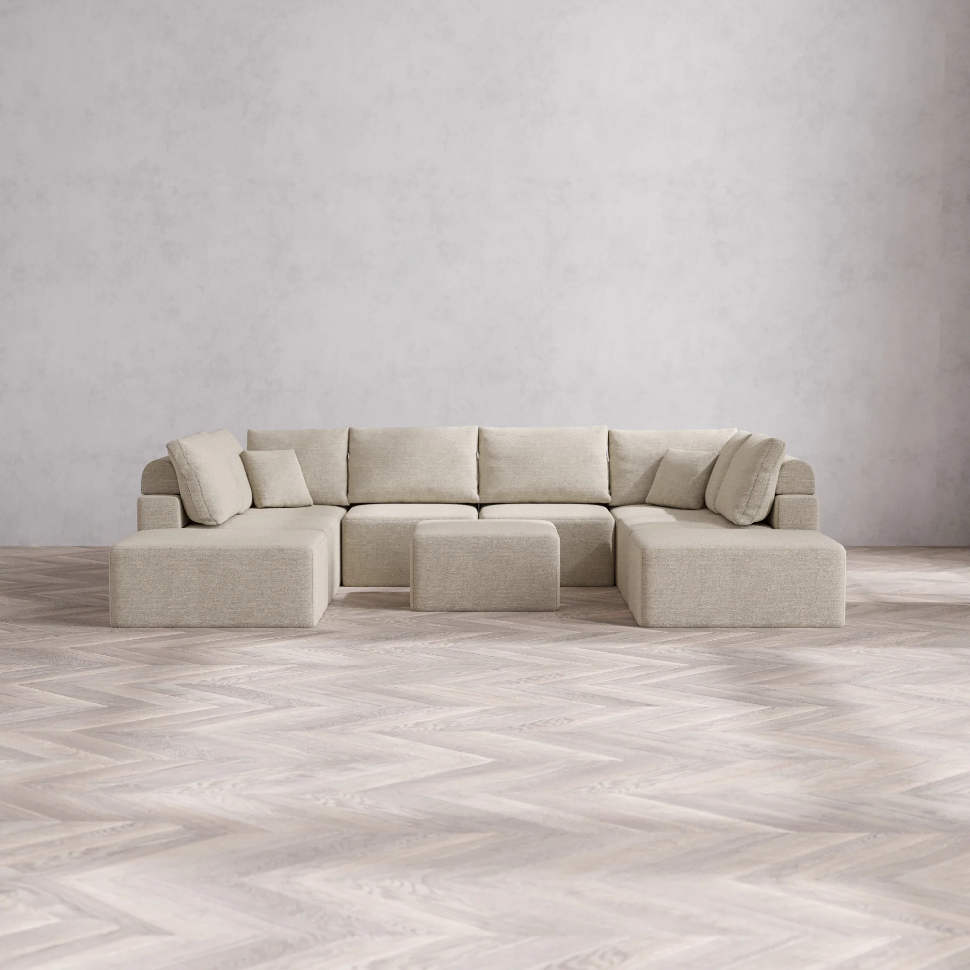 Slipcover Only - Modular Washable 8-Seater Open-Ends U Sectional + Ottoman Cloud + Bolster Sofa in Sandstone