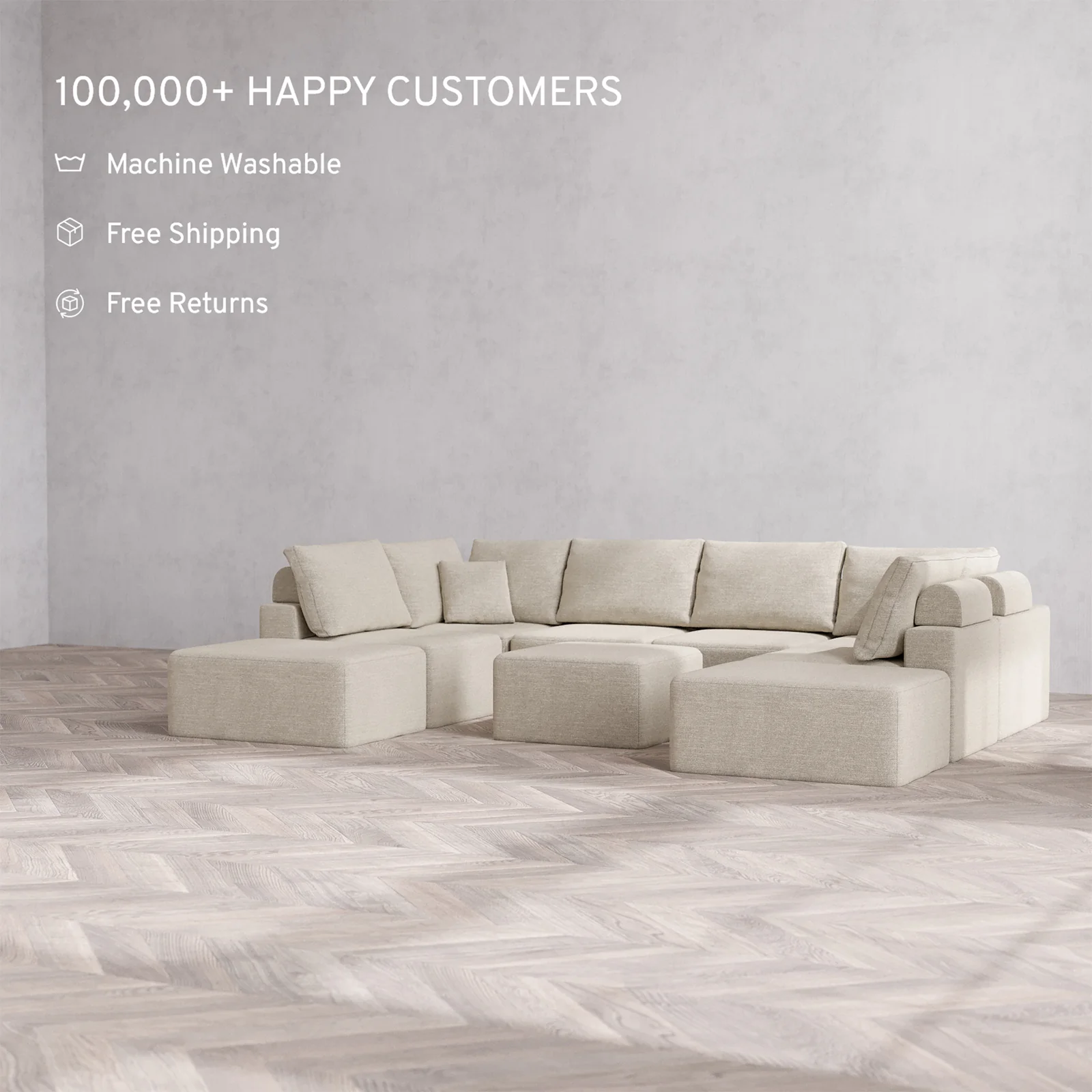 Slipcover Only - Modular Washable 8-Seater Open-Ends U Sectional + Ottoman Cloud + Bolster Sofa in Sandstone - Image 2