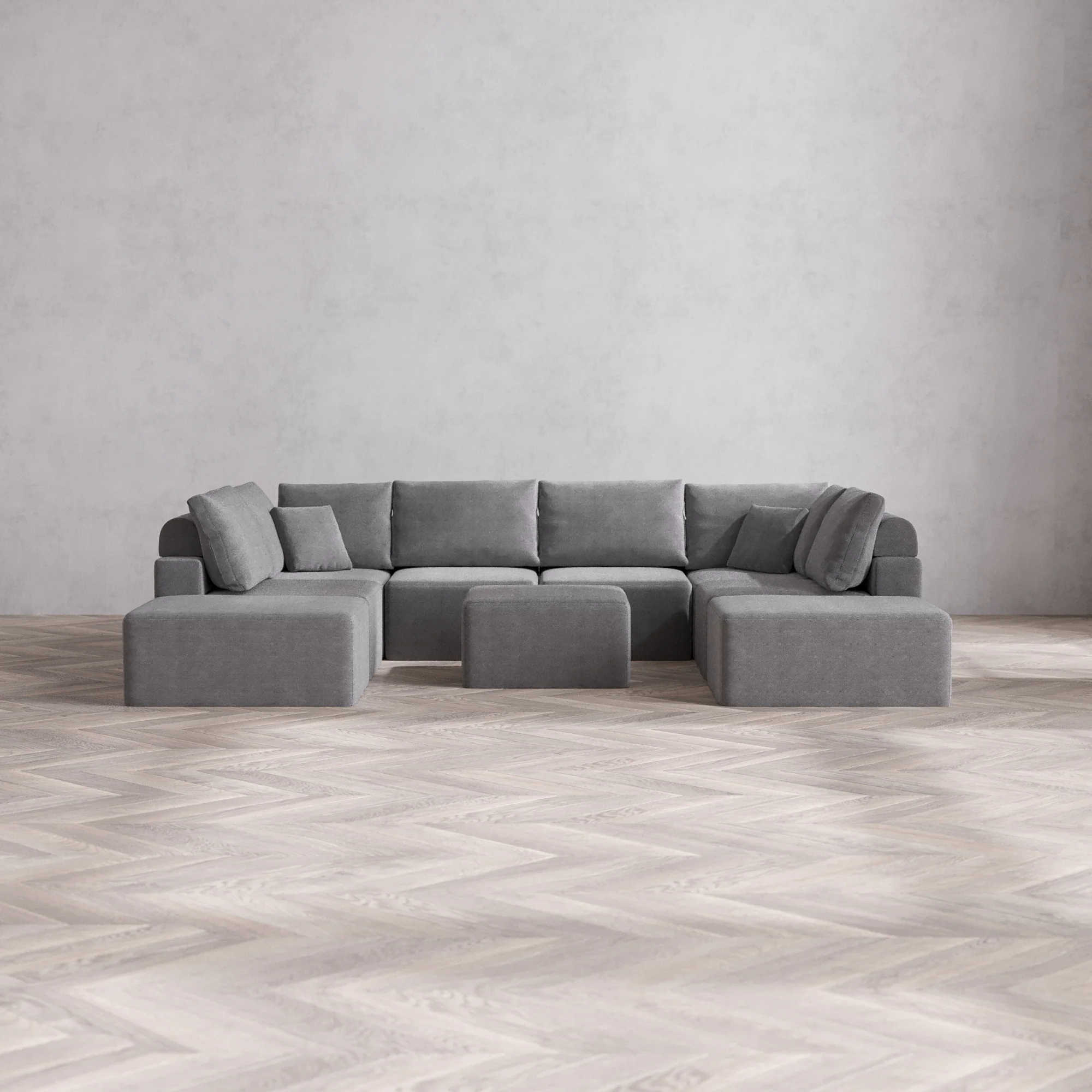 Slipcover Only - Modular Washable 8-Seater Open-Ends U Sectional + Ottoman Cloud + Bolster Sofa in Slate