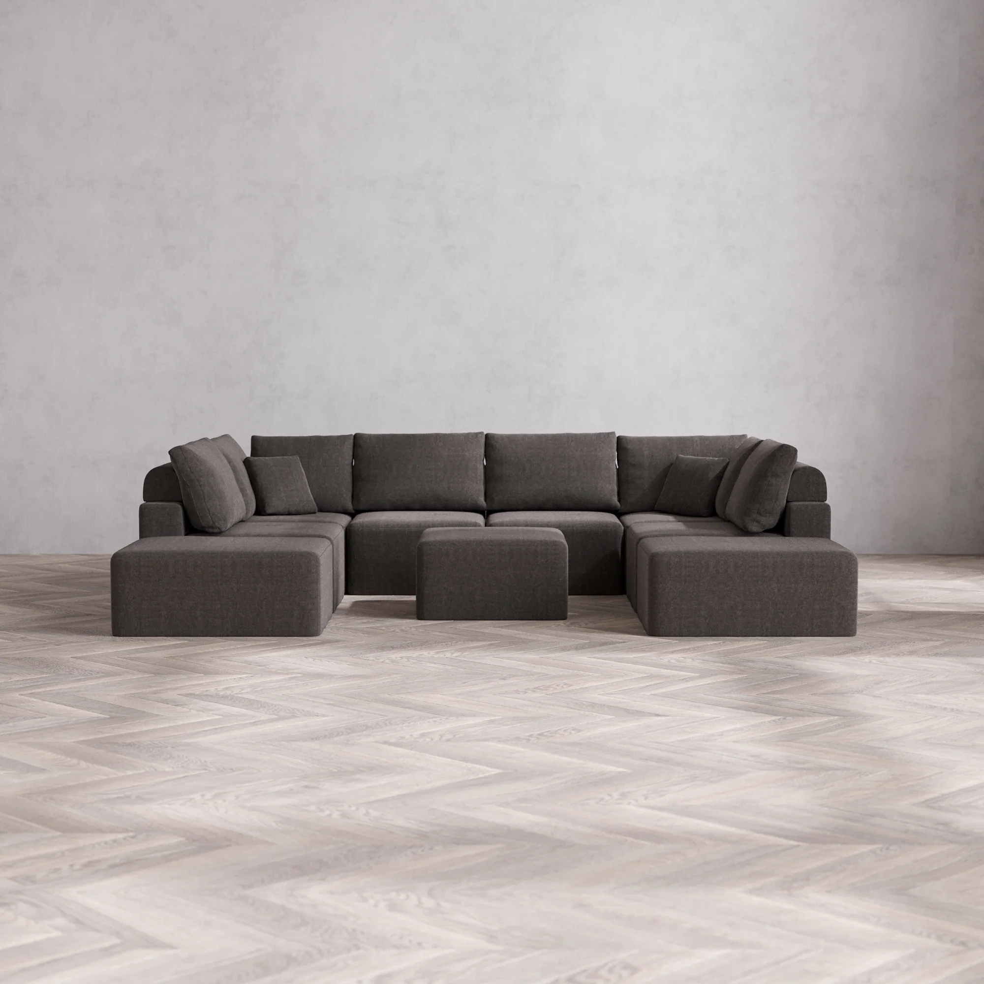 Slipcover Only - Modular Washable 8-Seater Open-Ends U Sectional + Ottoman Cloud + Bolster Sofa in Truffle