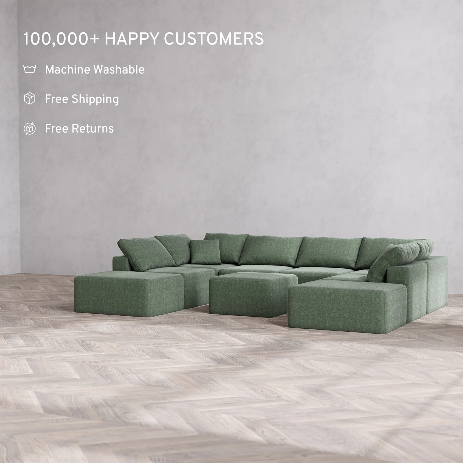Slipcover Only - Modular Washable 8-Seater Open-Ends U Sectional + Ottoman Cloud Sofa in Sage - Image 2
