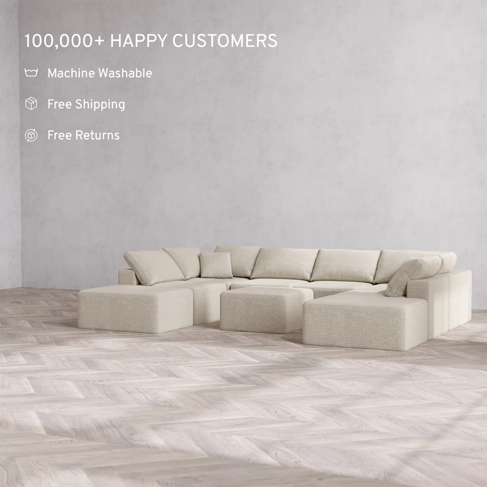 Slipcover Only - Modular Washable 8-Seater Open-Ends U Sectional + Ottoman Cloud Sofa in Sandstone - Image 2