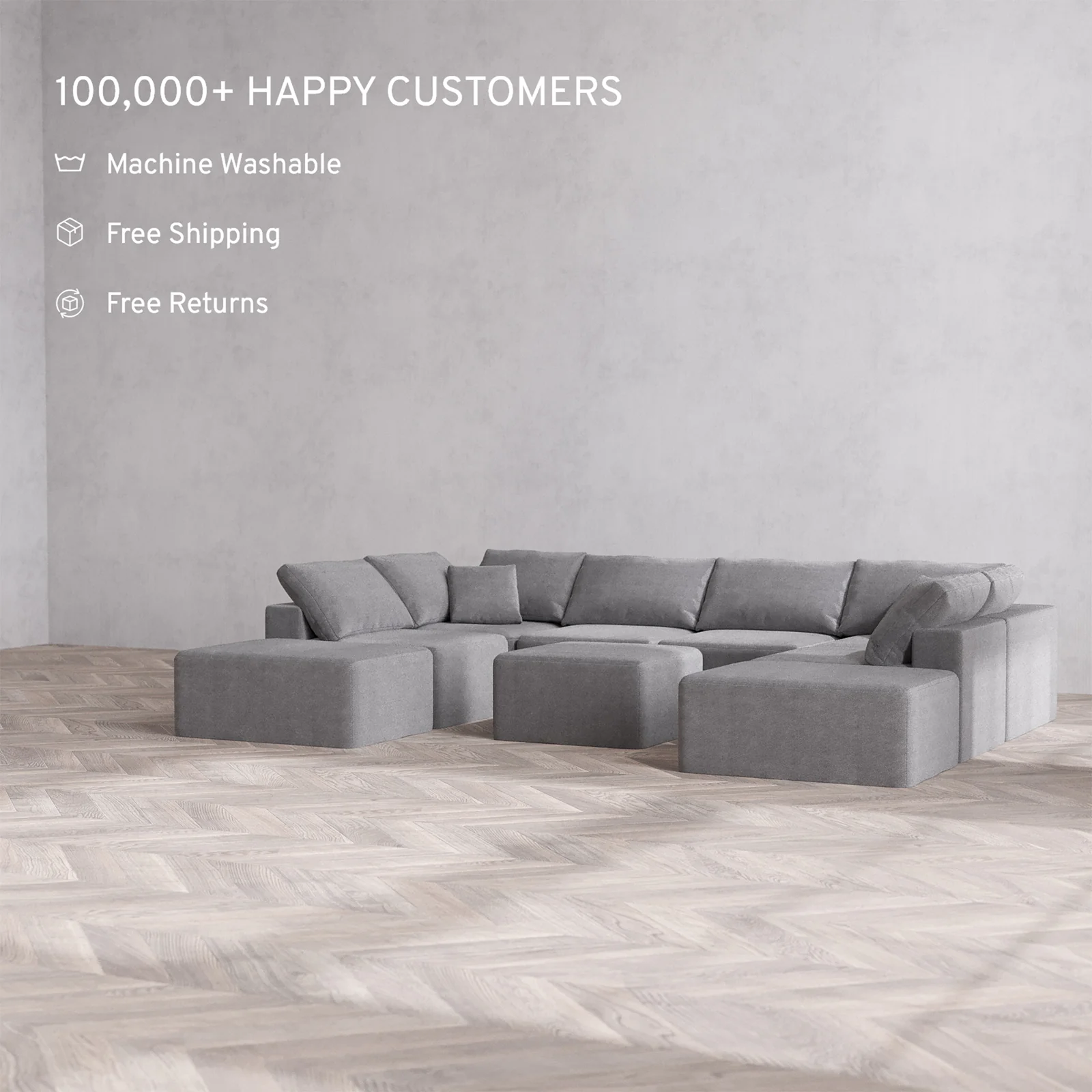 Slipcover Only - Modular Washable 8-Seater Open-Ends U Sectional + Ottoman Cloud Sofa in Slate - Image 2