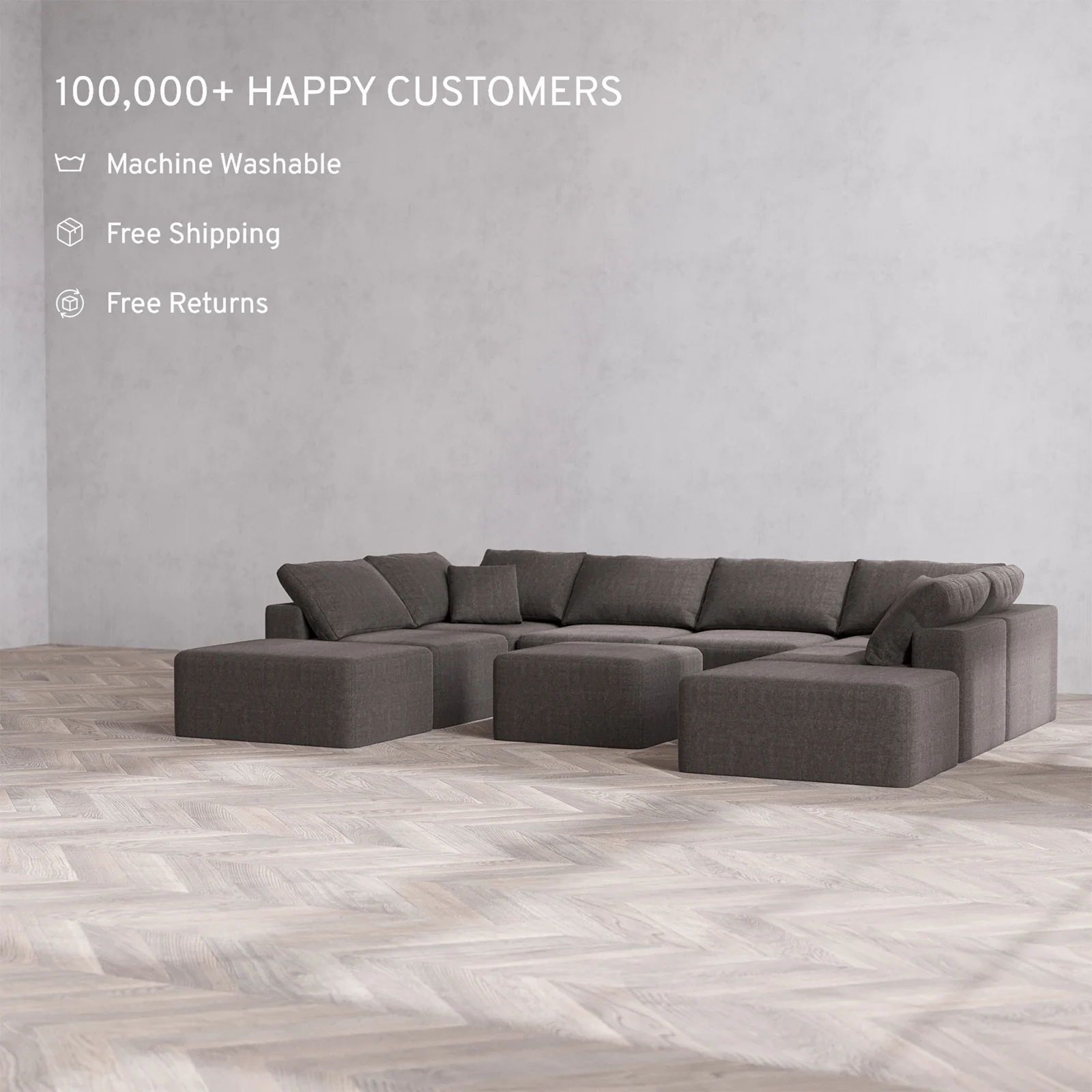 Slipcover Only - Modular Washable 8-Seater Open-Ends U Sectional + Ottoman Cloud Sofa in Truffle - Image 2