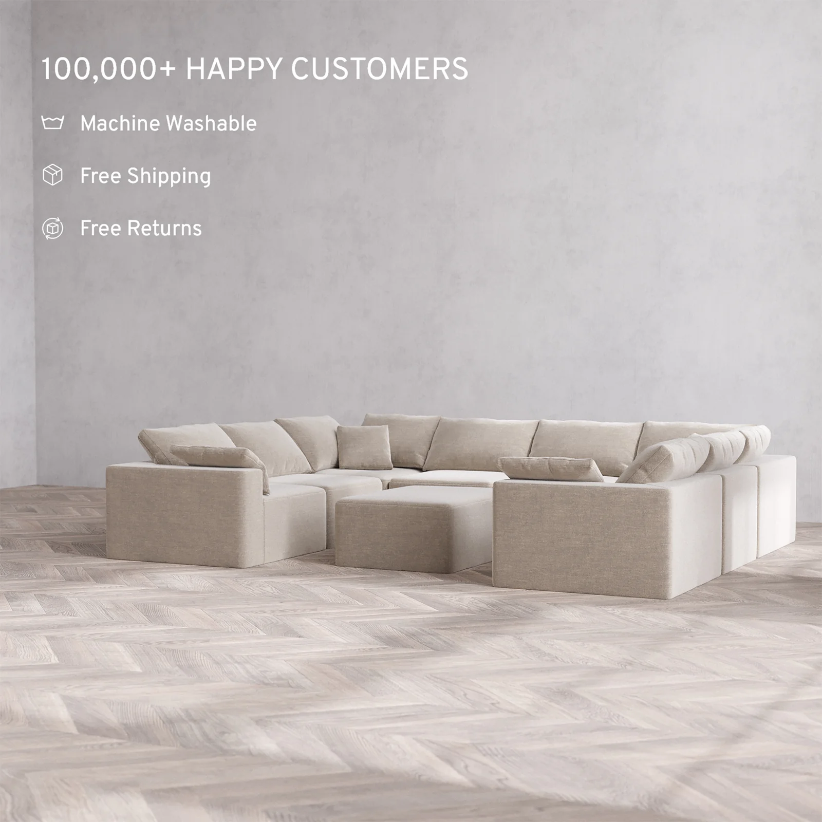 Slipcover Only - Modular Washable 8-Seater U Sectional + Chaise Ottoman Cloud Sofa in Caraway - Image 2