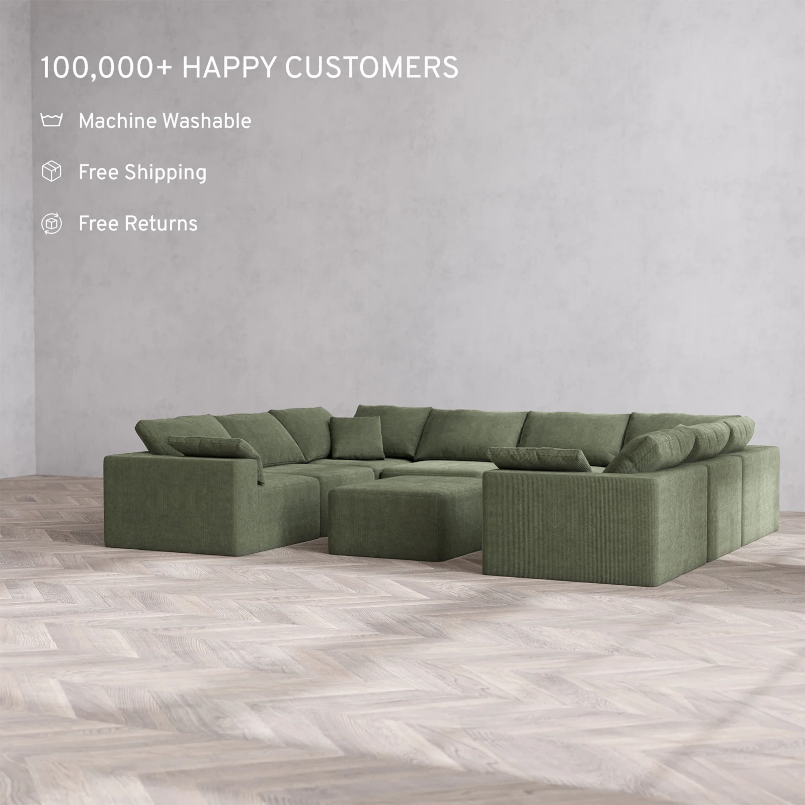 Slipcover Only - Modular Washable 8-Seater U Sectional + Chaise Ottoman Cloud Sofa in Juniper - Image 2