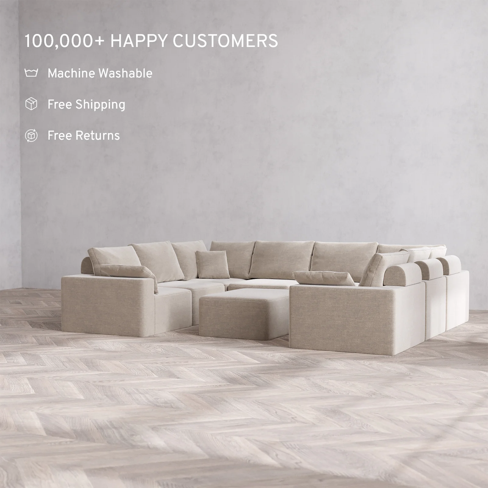 Slipcover Only - Modular Washable 8-Seater U Sectional + Chaise Ottoman Cloud + Bolster Sofa in Caraway - Image 2