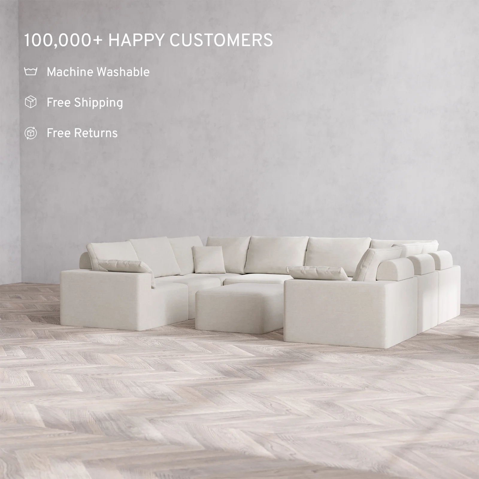 Slipcover Only - Modular Washable 8-Seater U Sectional + Chaise Ottoman Cloud + Bolster Sofa in Cashew - Image 2