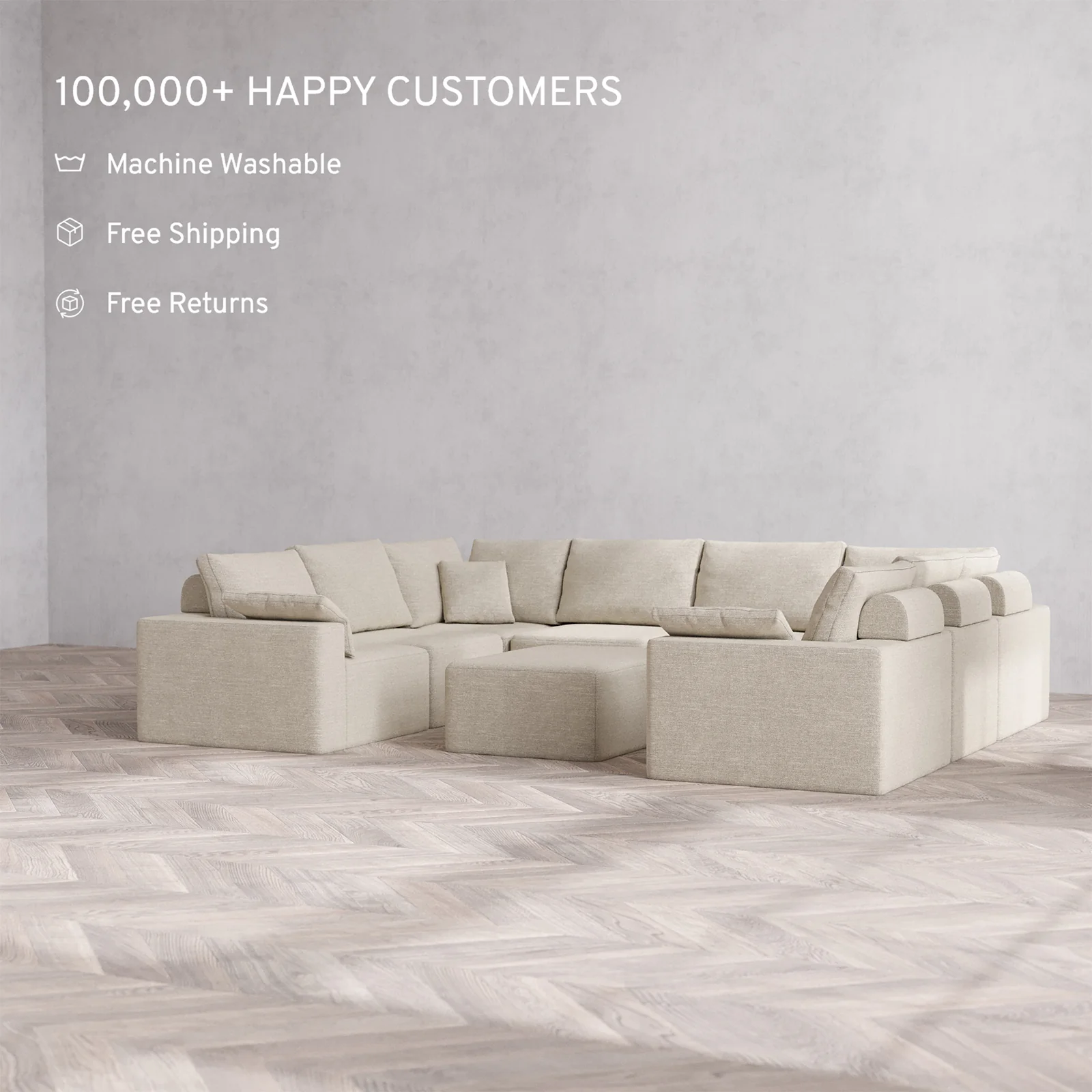 Slipcover Only - Modular Washable 8-Seater U Sectional + Chaise Ottoman Cloud + Bolster Sofa in Sandstone - Image 2