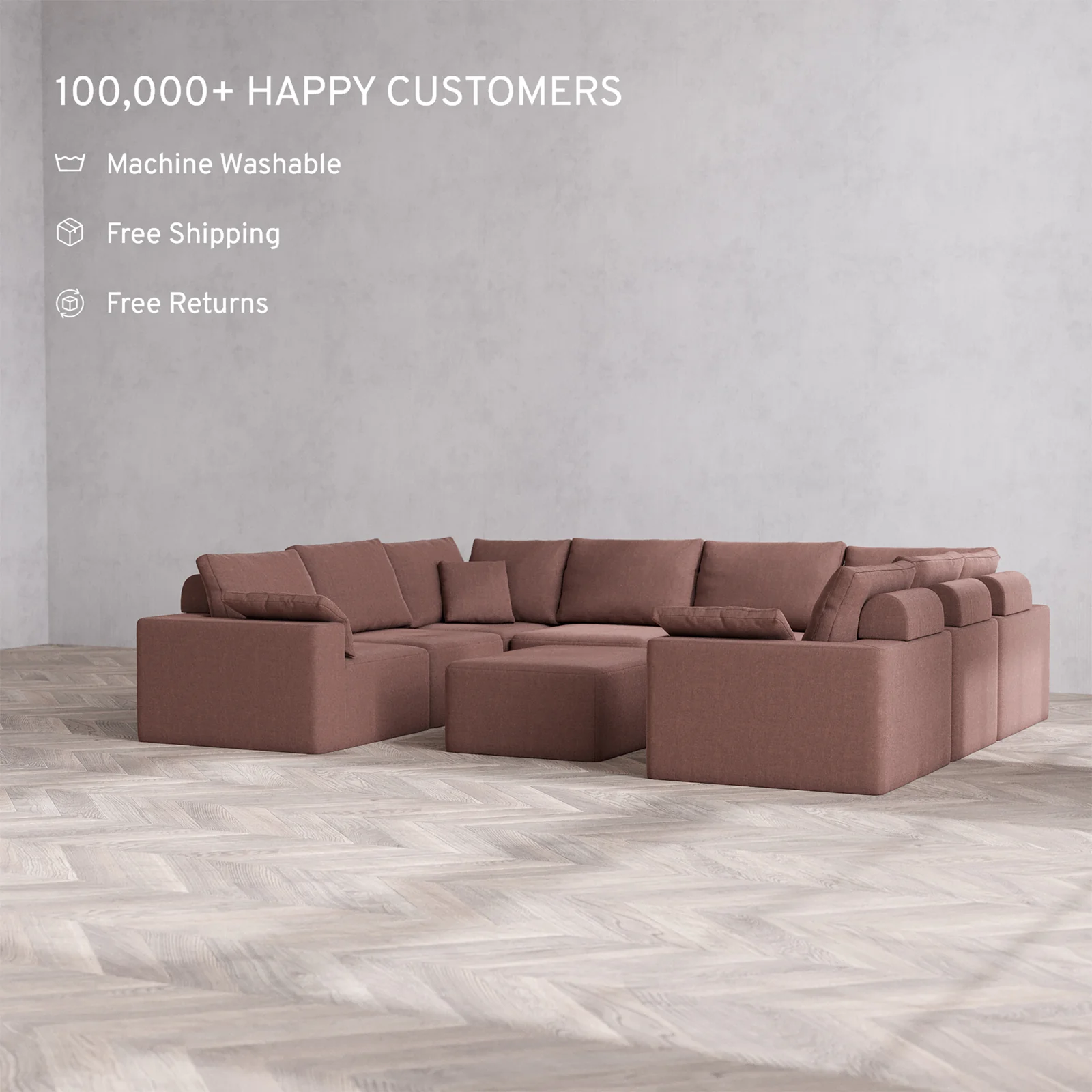 Slipcover Only - Modular Washable 8-Seater U Sectional + Chaise Ottoman Cloud + Bolster Sofa in Sumac - Image 2