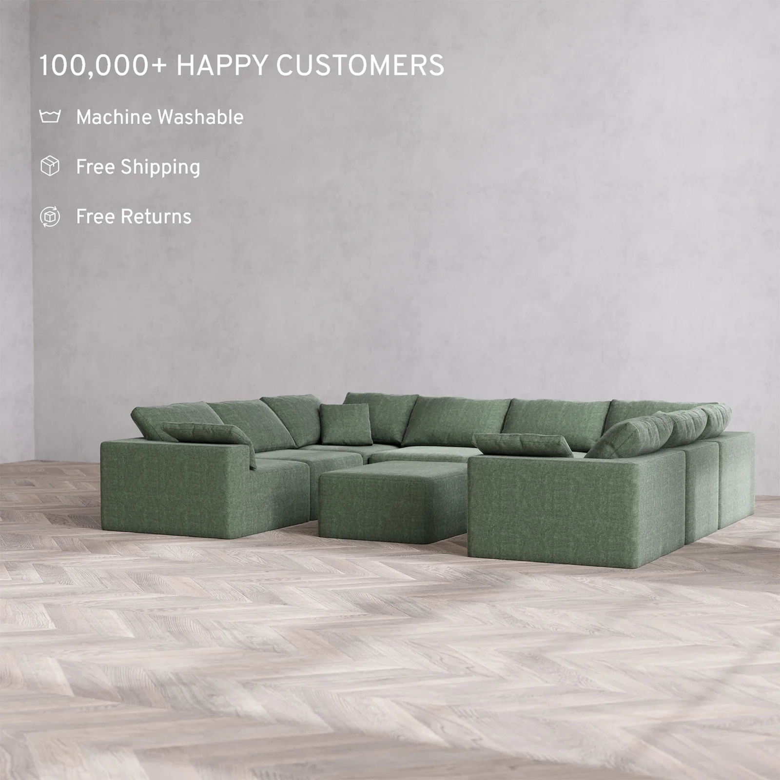 Slipcover Only - Modular Washable 8-Seater U Sectional + Chaise Ottoman Cloud Sofa in Sage - Image 2